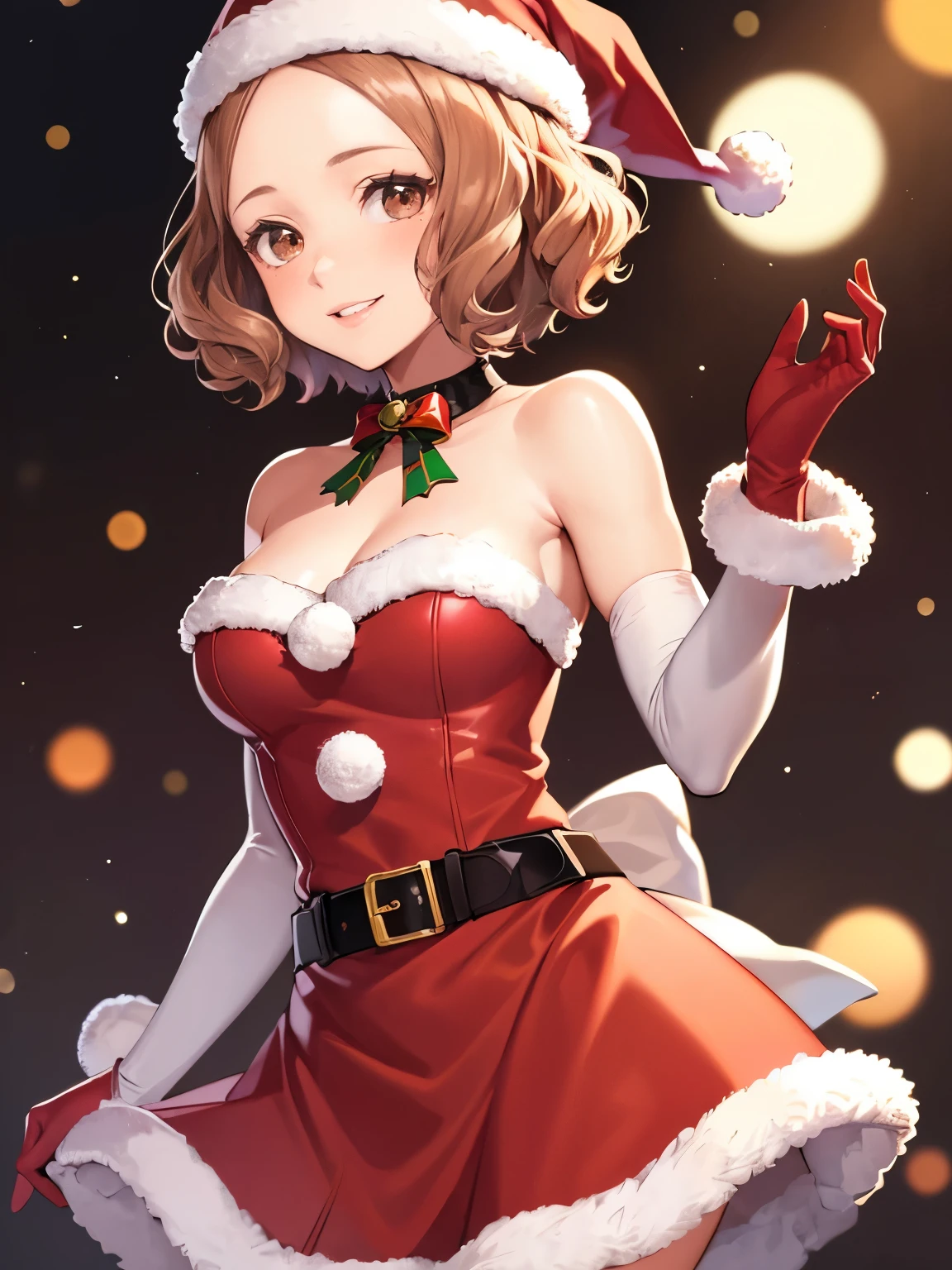 1girl, solo, masterpiece, best quality, high res, highly detailed, (illustration), beautiful detailed eyes,haru okumura, (brown eyes:1.5), brown hair, short hair,, glossy lips, makeup, smile, long white satin elbow gloves, cowboy shot, (santa), red santa dress, santa hat, strapless dress