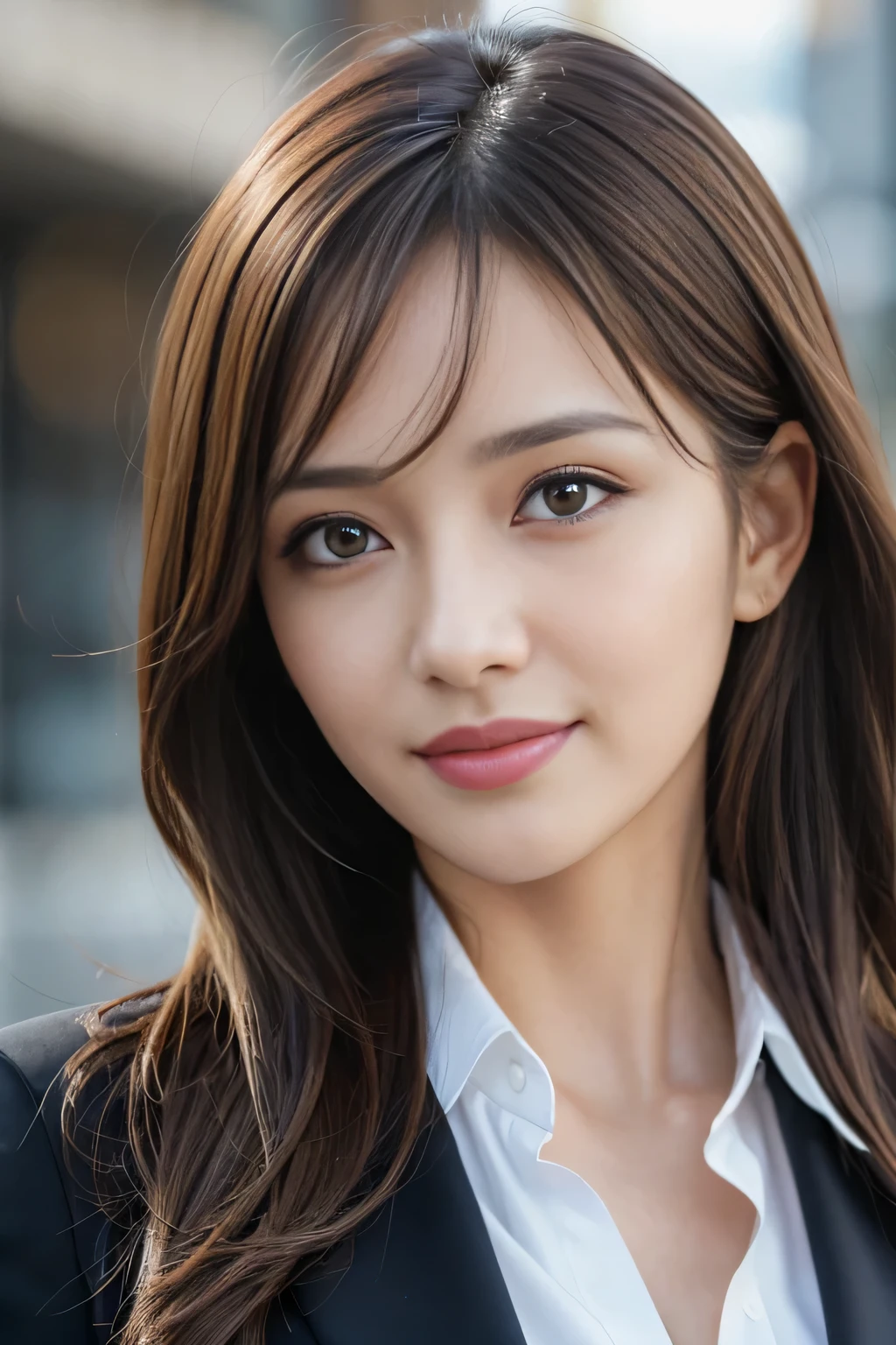 masutepiece, Best Quality, Photorealistic, Ultra-detailed, finely detail, High resolution, 8K Wallpaper, 1 beautiful woman,, light brown messy hair, in a business suit, foco nítido, Perfect dynamic composition, Beautiful detailed eyes, detailed hairs, Detailed realistic skin texture, Smiling, Close-up portrait, Model body type