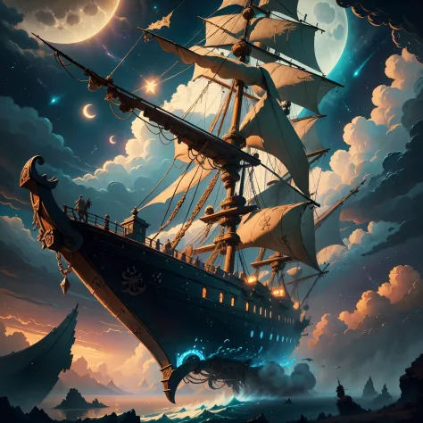 A painting of a flying pirate ship surrounded by small fairies, clouds, moon, stars in the background, fantasy, highly detailed ...