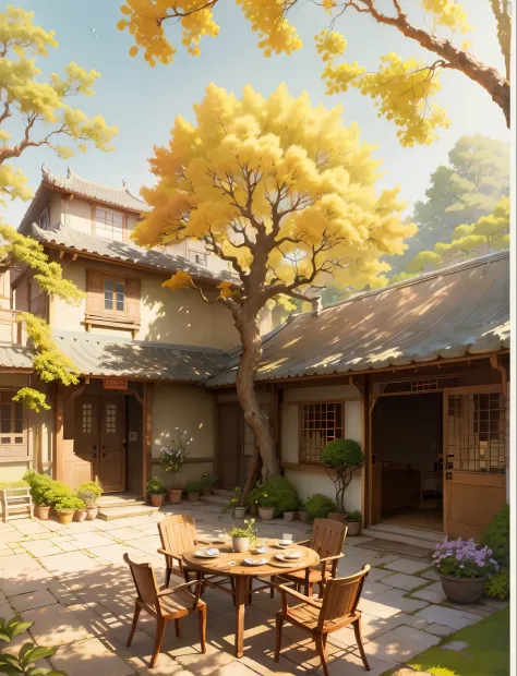 draw a courtyard with tables and chairs and a tree, chinese courtyard, the structure of the house is  in chinese, warm late autu...