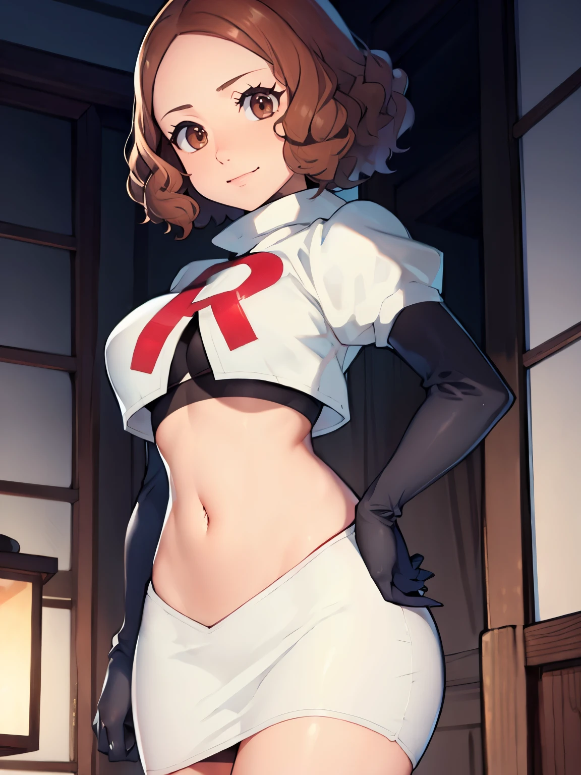 haru okumura, (brown eyes:1.5), brown hair, short hair, glossy lips, team rocket uniform, white jacket, white skirt, pencil skirt, miniskirt, black thighhigh boots, black elbow gloves, hand on hip, midriff, red letter "R", evil smile