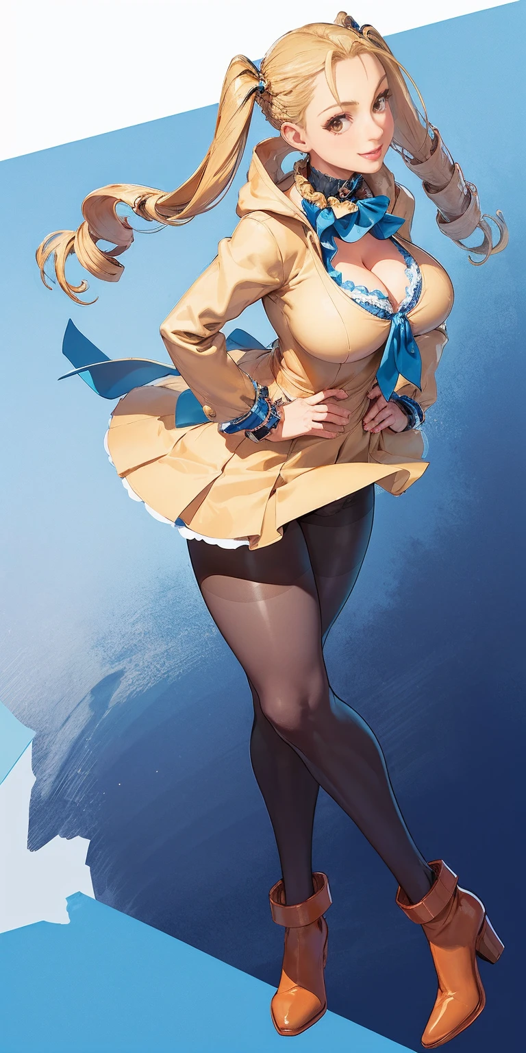 full body standing straight symmetrical, huge boob(masterpiece, best quality:1.2), cowboy shot, solo, 1MILF, mmplatz, smile, looking at viewer, hands on hips, twintails, twin drills, dress, blue pantyhose, striped pantyhose, Handcuffs on their hands, With a collar around the neck