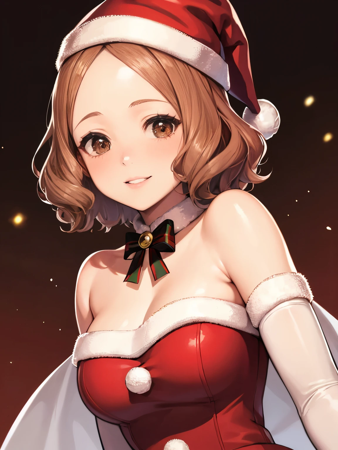 1girl, solo, masterpiece, best quality, high res, highly detailed, (illustration), beautiful detailed eyes,haru okumura, (brown eyes:1.5), brown hair, short hair,, glossy lips, makeup, smile, long white satin elbow gloves, cowboy shot, (santa), red santa dress, santa hat, strapless dress