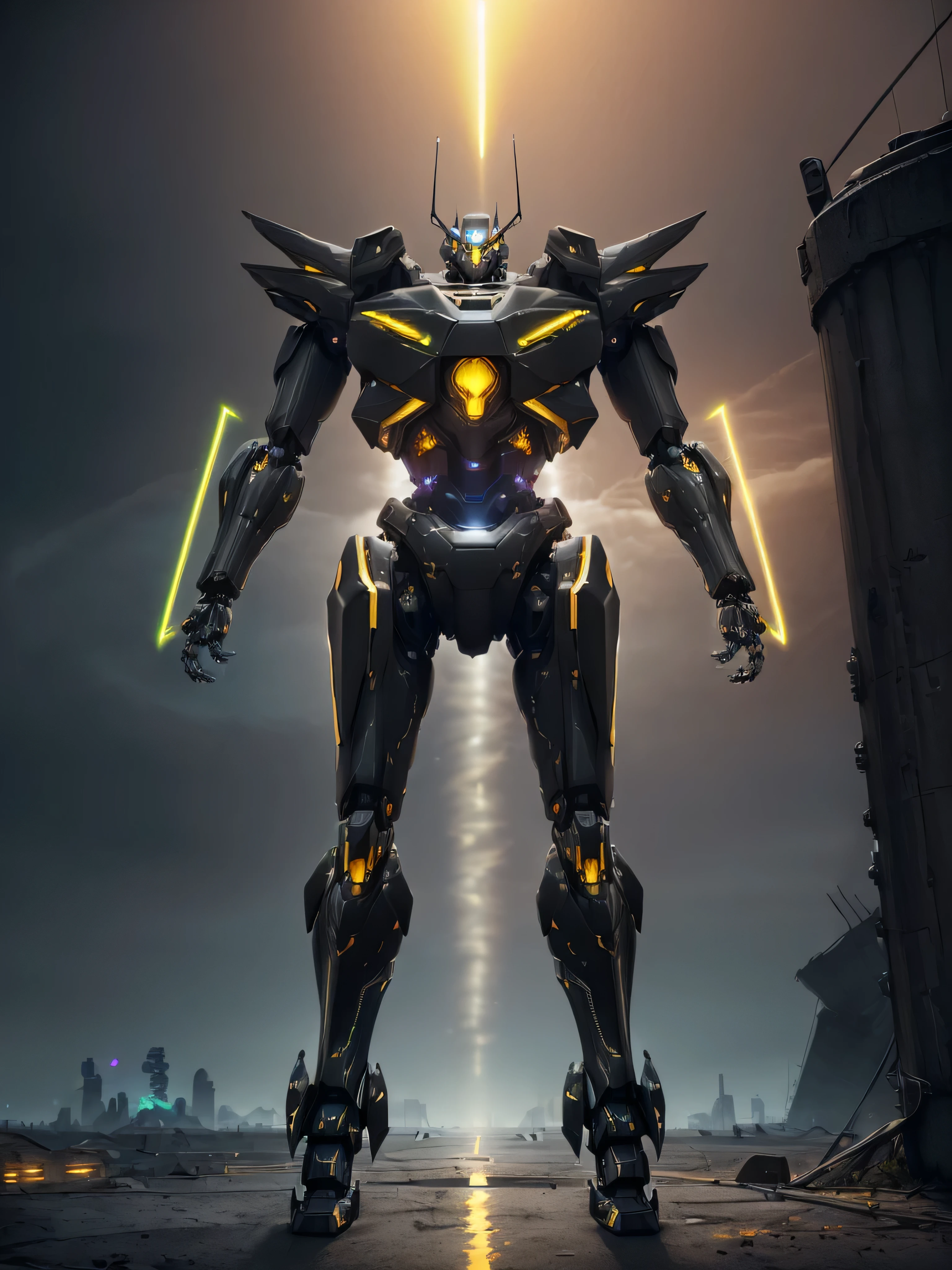 ((best quality: 1.5)) ((masterpiece: 0.8)), intricate details, sharp focus, professional, photorealistic, real life, ((((gigantic mecha titan, (cylinder arm weapon))))) bright glow, in the style of realistic and hyper detailed renderings, zbrush, hyper realistic oil, contoured shading, solo, BREAK; BREAK ((((forgotten war city, concrete crater)))), ((fujicolor)), BREAK; BREAK ((((futuristic (matte black armor, iridescent gold accent, ((glowing cybernetics, full-body view)))), photorealistic, hyper-realistic)))