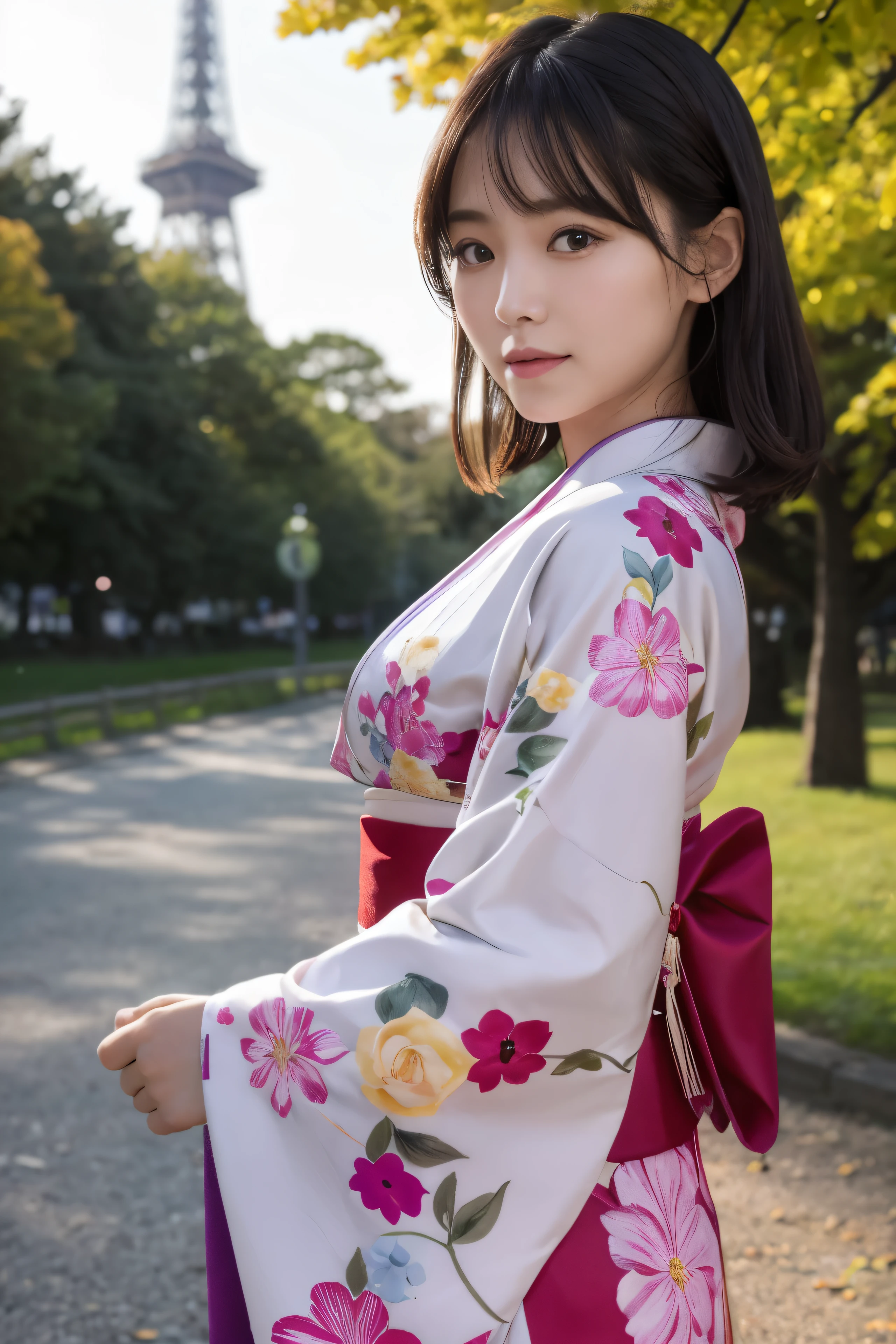 (Kimono)、Rosa Kimono,Top Qualität,Meisterwerk:1.3,Eine hohe Auflösung,),(ultra-detailliert,Ätzmittel),(Photorealsitic:1.4,RAW-Aufnahmen,)Ultrarealistische Aufnahme,Eine sehr detaillierte,hochauflösend16Kfür die menschliche Haut、 Die Hautstruktur ist natürlich、、Die Haut sieht gesund aus und hat einen gleichmäßigen Teint、 Nutzen Sie natürliches Licht und Farbe,eine Frau,japanisch,,Kawaii,Ein dunkelhaariger,mittleres Haar,(Tiefenschärfe、chromatische Aberration、、Große Auswahl an Beleuchtung、Mit dem Tower of the Sun im Osaka Expo Park im Hintergrund，Unter der funkelnden Sonne，
