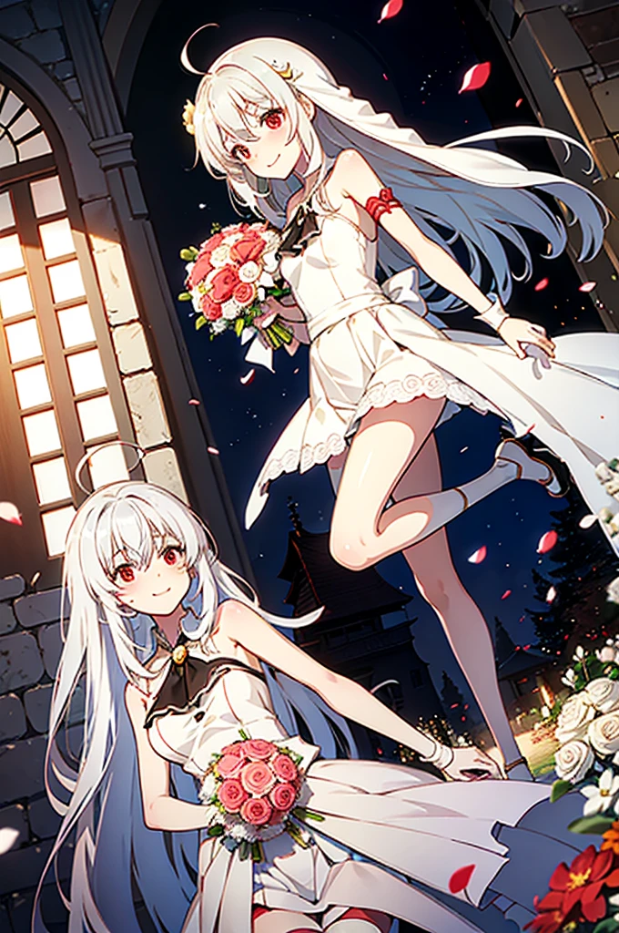 masutepiece, Best Quality, hight resolution, 1girl Ninim Rayleigh&#39;Ahoge with bouncing hair, bare shoulders​， weddingdress，veils，holding the bouquet with both hands，chies，chapel，red blush，A smile