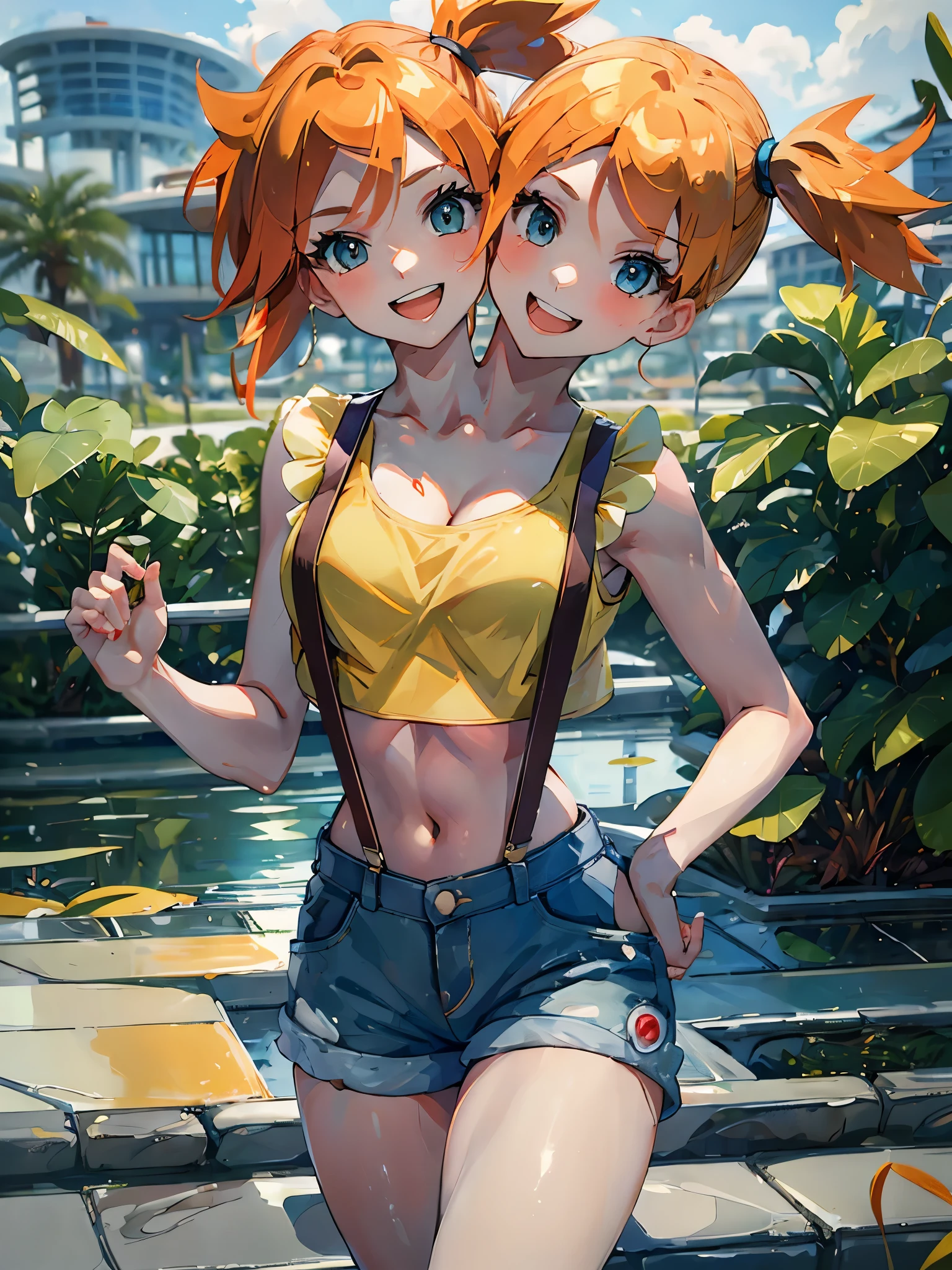 (masterpiece, best quality), best resolution, (2heads:1.5), 1girl, misty , Misty_Pokemon, yellow crop top, suspenders, side ponytail, orange hair, denim shorts, aquamarine eyes, smile, open mouth, facing the viewer, posing for the camera, outdoors, convention center fountain