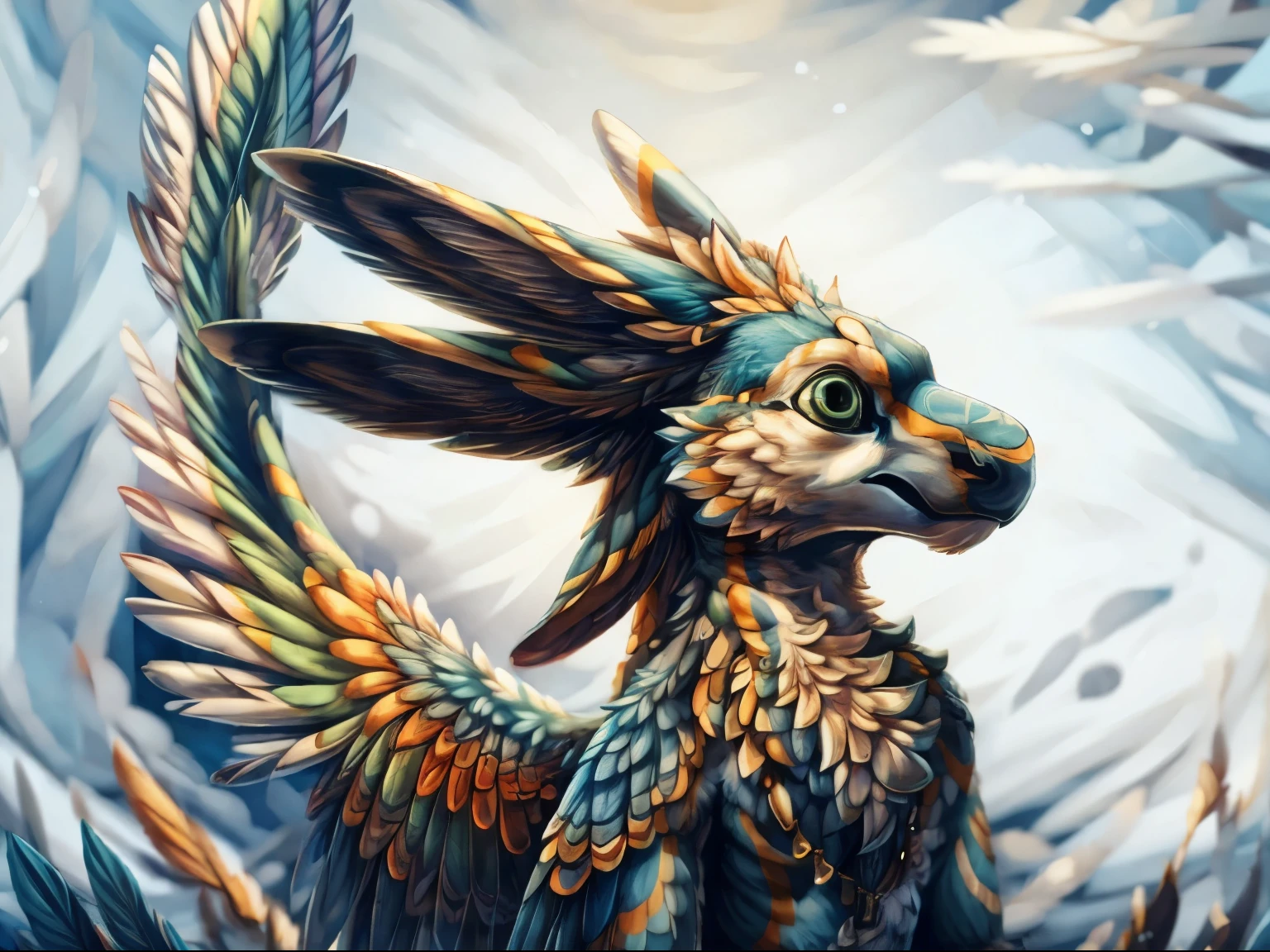 (highly detailed illustration:1.2), best quality, masterpiece, solo, upper body, avali, avian, feathers, detailed feathers, detailed face, detailed eyes, four ears, green feathers, arm wings, fluffy chest, feathery chest, furry, anthro, furry art, standing, white background