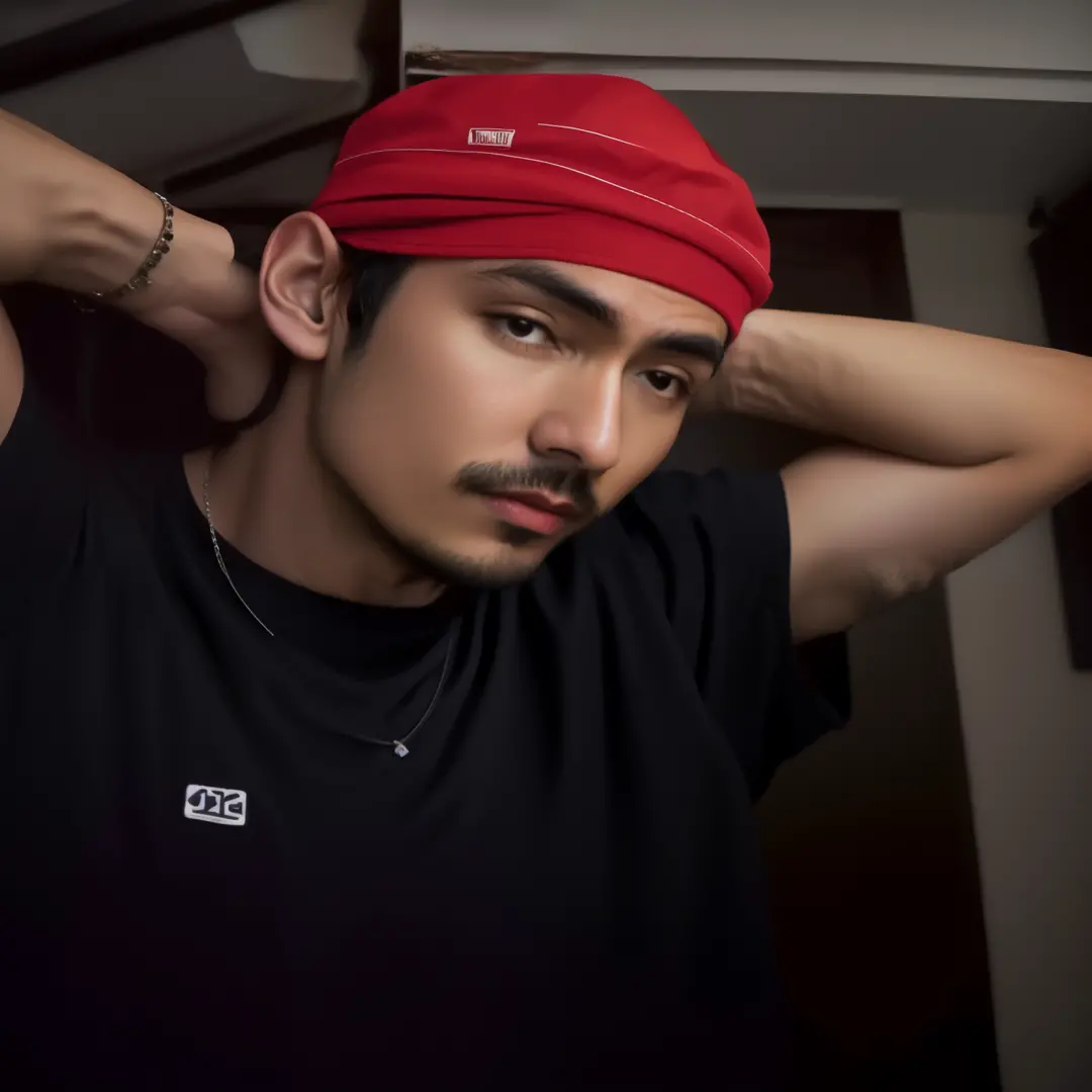 there is a man who is wearing a red hat and a black shirt, taken in the early 2020s, wearing a red backwards cap, usando uma bandana e corrente, foto de perfil headshot, bandana vermelha, andres rios, he‘s wearing a red neckerchief, halfbody headshot, with...