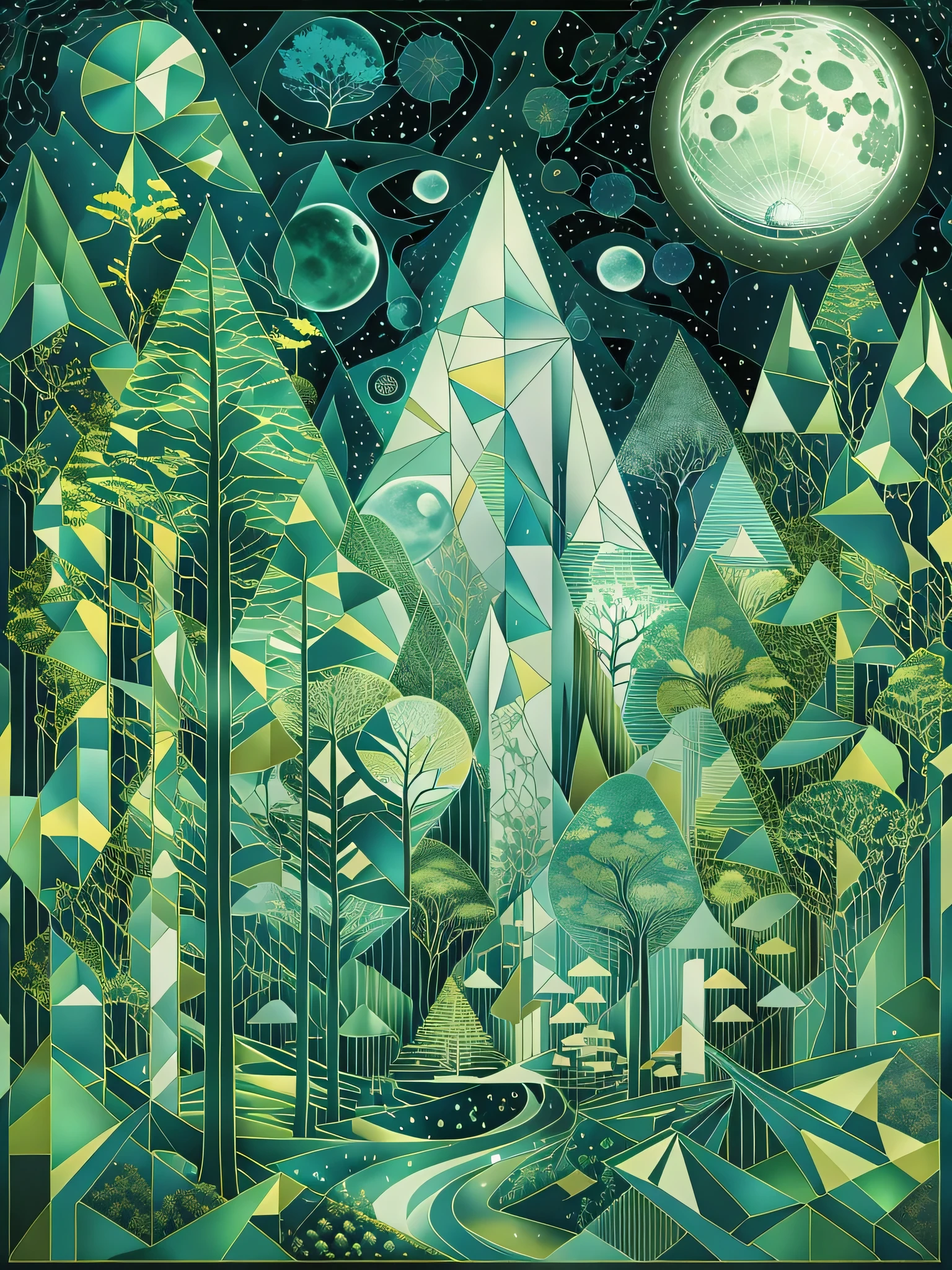 Lunar Glade envelops us in a magical moonlit forest scene constructed from fractured planes. Shards of blue, green, and white overlap to form a shimmering forest glade, the geometric foliage glinting as if beset with dewdrops. The otherwise perplexing intersection of triangular tree shapes is given context by the perfect full moon hovering above, its glowing white form casting a soft polynomials overlay the scene, their edges smoothed by the lunar glow.

Though the abstracted forms confuse the eye at first glance, focus on the serene moon at the artwork's pinnacle serves to orient the viewer within this cubist nighttime haven. Backlit leaves fractured into countless prismatic shards ripple in an unfelt breeze. The strange dimensionality of the scene reinforces the mystique of the forest at night, where the moon's revealing light plays tricks with perception and shadow. Lunar Glade provides a portal into an enchanted woodland realm, the moonlight filtering through the fractured shapes to transport us in lucid dreaming to a place where geometry and nature intertwine.