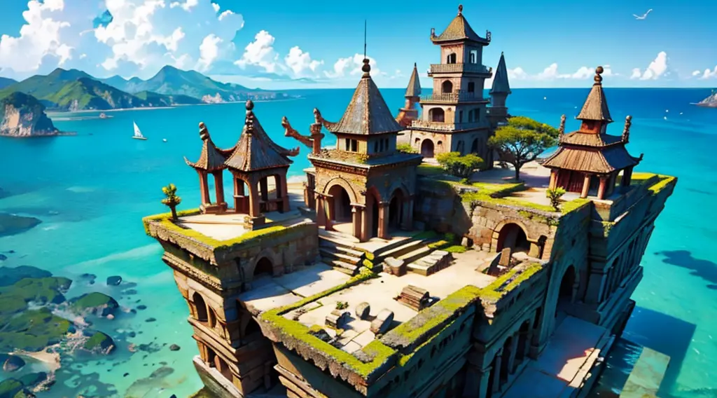 ancient city on a floating isle, ocean as far as the eye can see