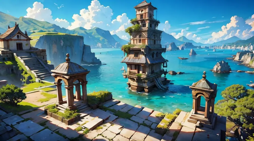 ancient city on a floating isle, ocean as far as the eye can see