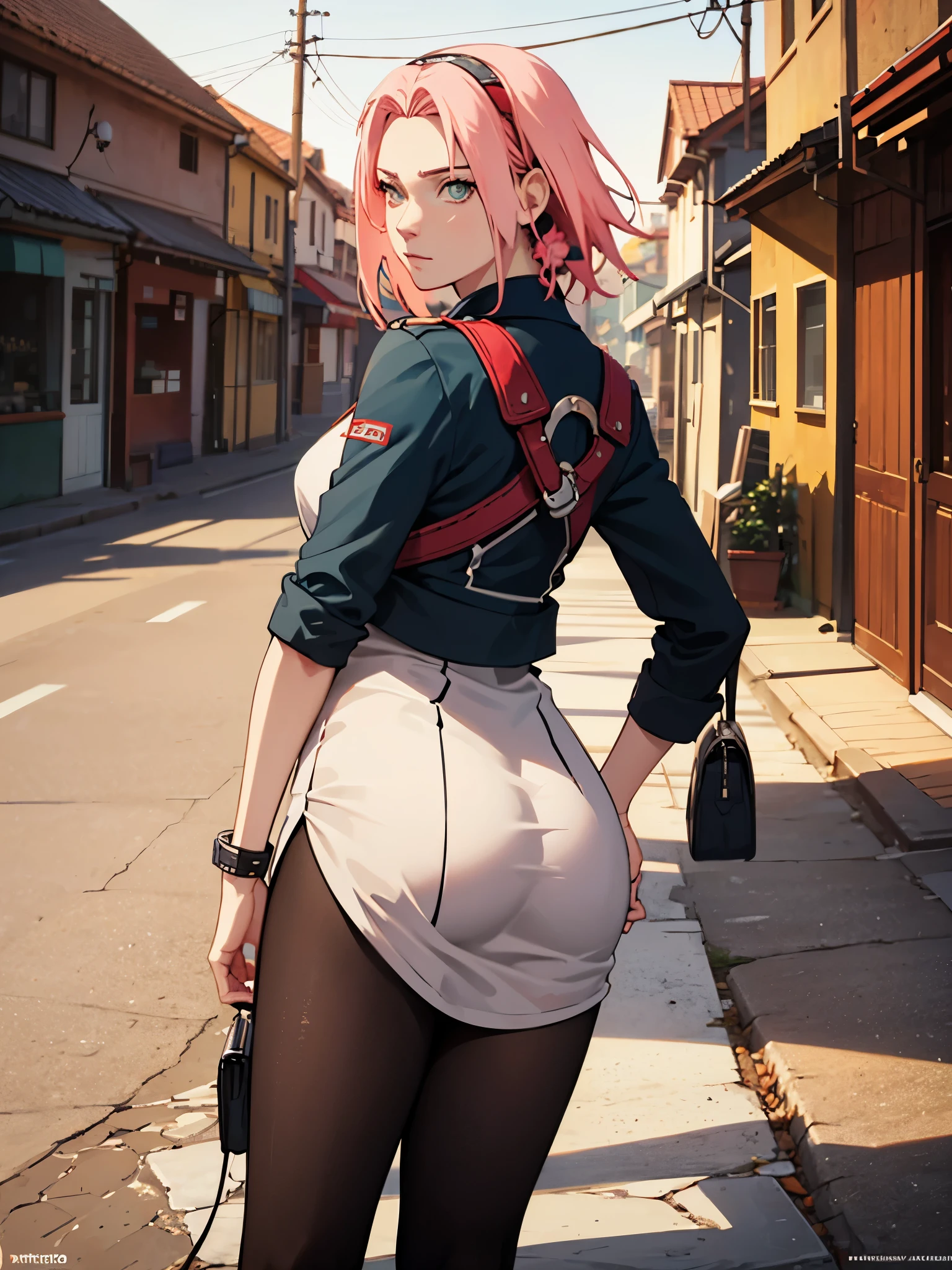 sakura haruno, sedutor, ((testa para mostrar)), atraente, Olhos Sexy, Casaco vermelho, cabelo rosa, delicado, jovem, short hair, Rosto detalhado, High definition, corpo inteiro, big ass, coxa grossa, seios medios redondos, trending in artstation, por RHADS, Andreas Rocha, Ross, Makoto Shinkai, Laurie Greasley, Lois van Baarle, Ilya Kuvshinov