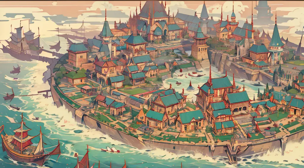 ancient city on a floating isle, ocean as far as the eye can see