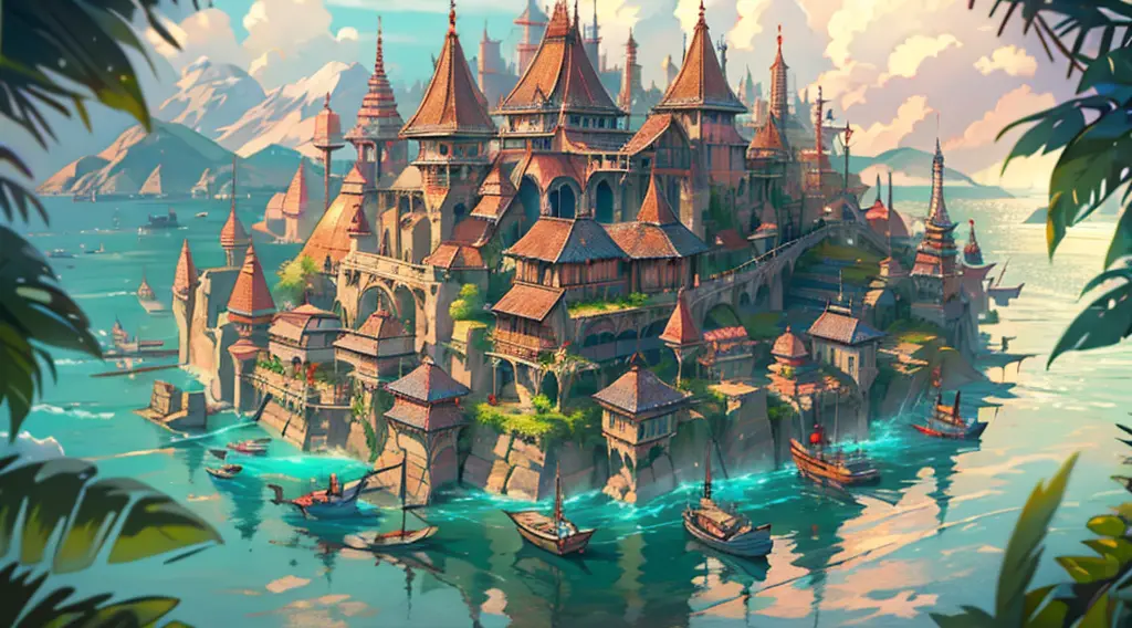 ancient city on a floating isle, ocean as far as the eye can see