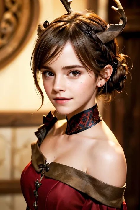 ((Emma Watson Face, 35yo, Shy Smile)), ((slight wrinkles, age marks)), (((Shoulder-Length Brown hair tied into a hairstyle, Brow...