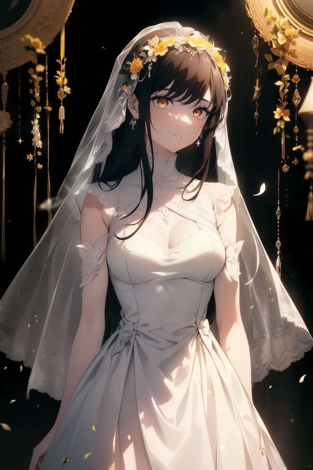 ((((Obra maestra, La mejor calidad, ultrahigh resolution)))), 1girl, standing, ((wearing a white wedding dress)), (long black hair in view, long hair:0.9, in frame), pale skin, ((brown eyes)), (glowing_eyes, luminescent eyes), (ultra detailed eyes:0.7, beautiful and detailed face, detailed eyes:0.9), ((centered)), smile, ((wide shot)), facing viewer, (((vibrant background of outside, flowers, bright lighting, summer, sunlight))), flat chested, looking at viewer, ((perfect hands)), ((head:1, hips, elbows, arms, in view)), ((hands behind back)), beautiful lighting, defined subject, (18 years old), ((cool looking)), ((sun glare))