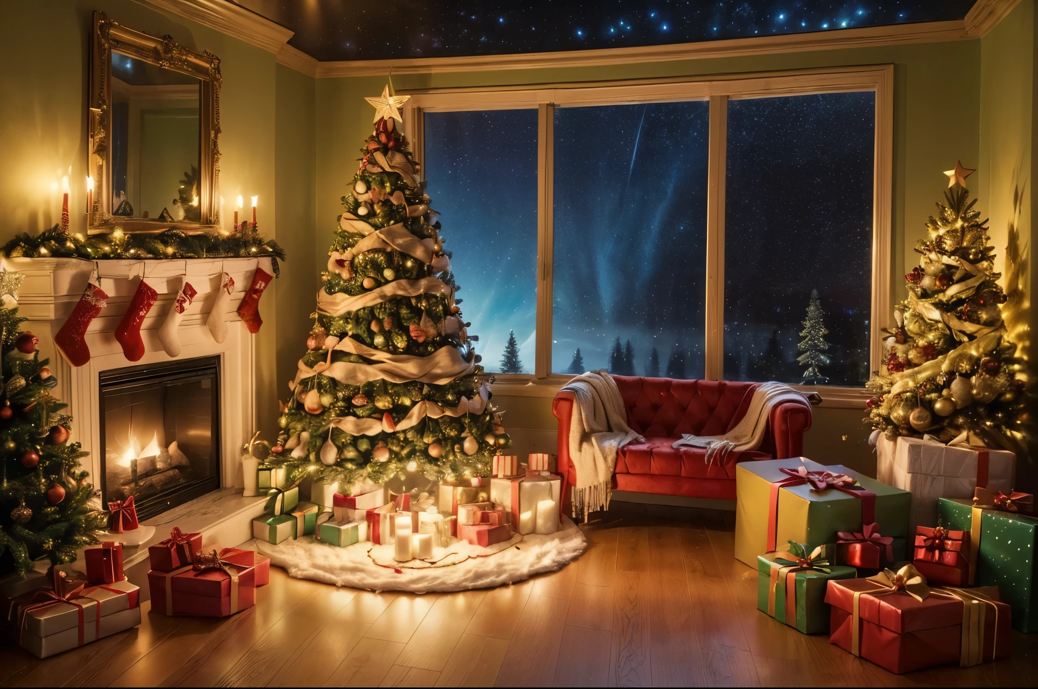 Arafed christmas tree with presents and a fireplace in a room - SeaArt AI