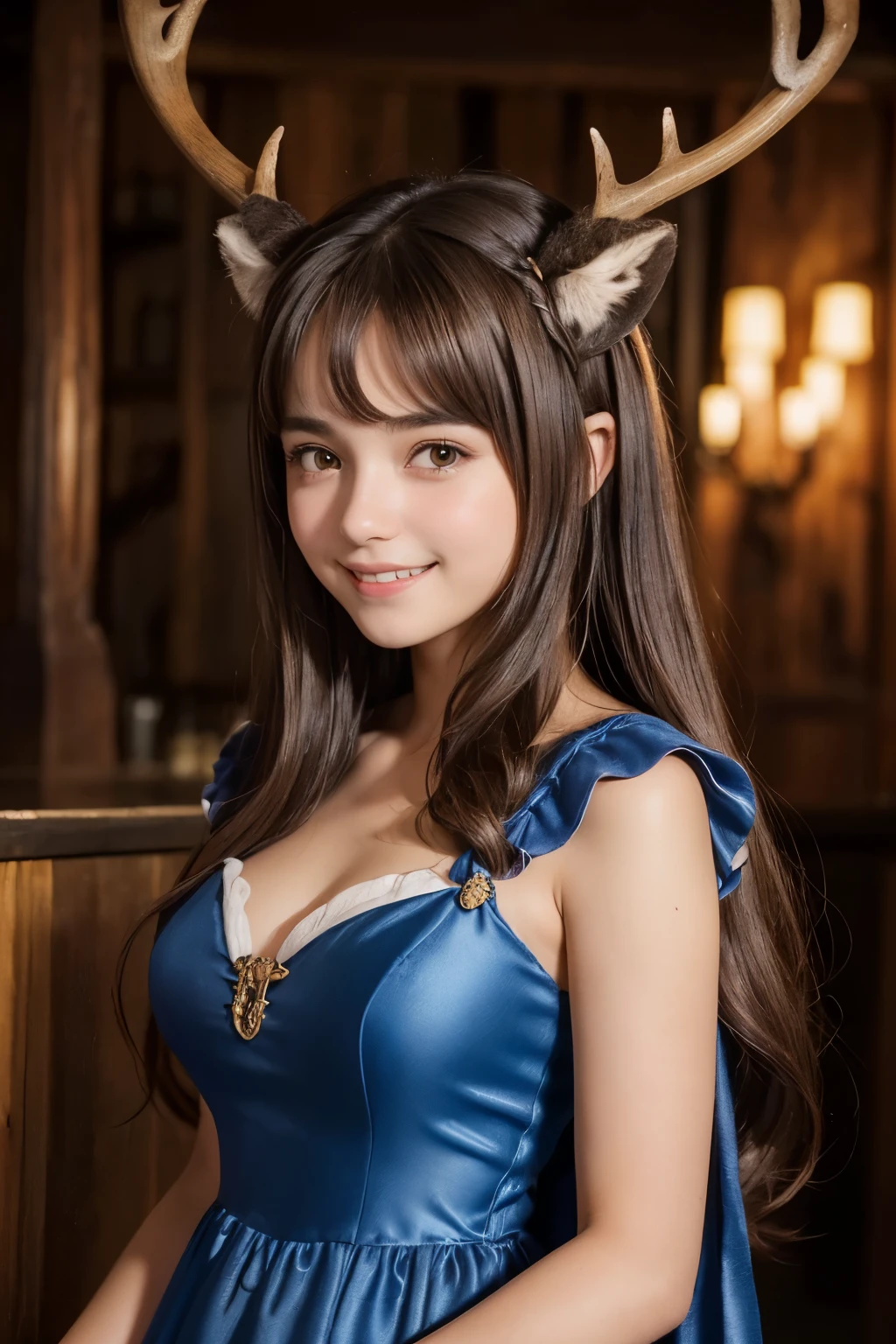 ((1Girl 18yo, Shy Smile, cute)), (((Long silky brown hair, Brown Eyes))), ((two cute deer horns in her head)), ((She is wearing a beautiful medieval blue dress)), (medieval party)