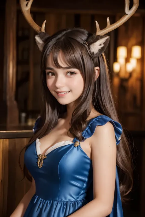 ((1Girl 18yo, Shy Smile, cute)), (((Long silky brown hair, Brown Eyes))), ((two cute deer horns in her head)), ((She is wearing ...