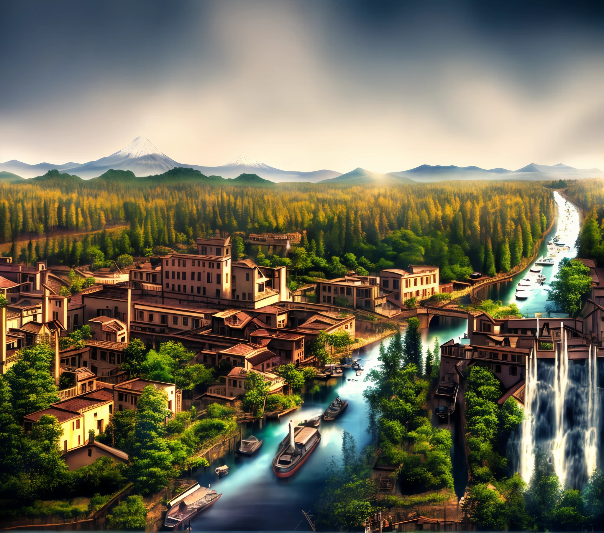 Masterpiece, best quality, high quality, extremely detailed 8k wallpaper, It is a view of a 19th century colonial valley, steamboats sail on the river, there is a bridge and a church, some small rural houses, the mountains in the distance are a volcano with snow, the background is the sunset, exquisite painting matte, matte 4k painting, landscape, outdoor, sky, cloud, sky, no humans, mountain, landscape, water, tree, blue sky, waterfall, cliff, nature, lake, river , cloudy skies, award winning photography, bokeh, depth of field, HDR, photorealism, very detailed,intricate, high detail, dramatic,