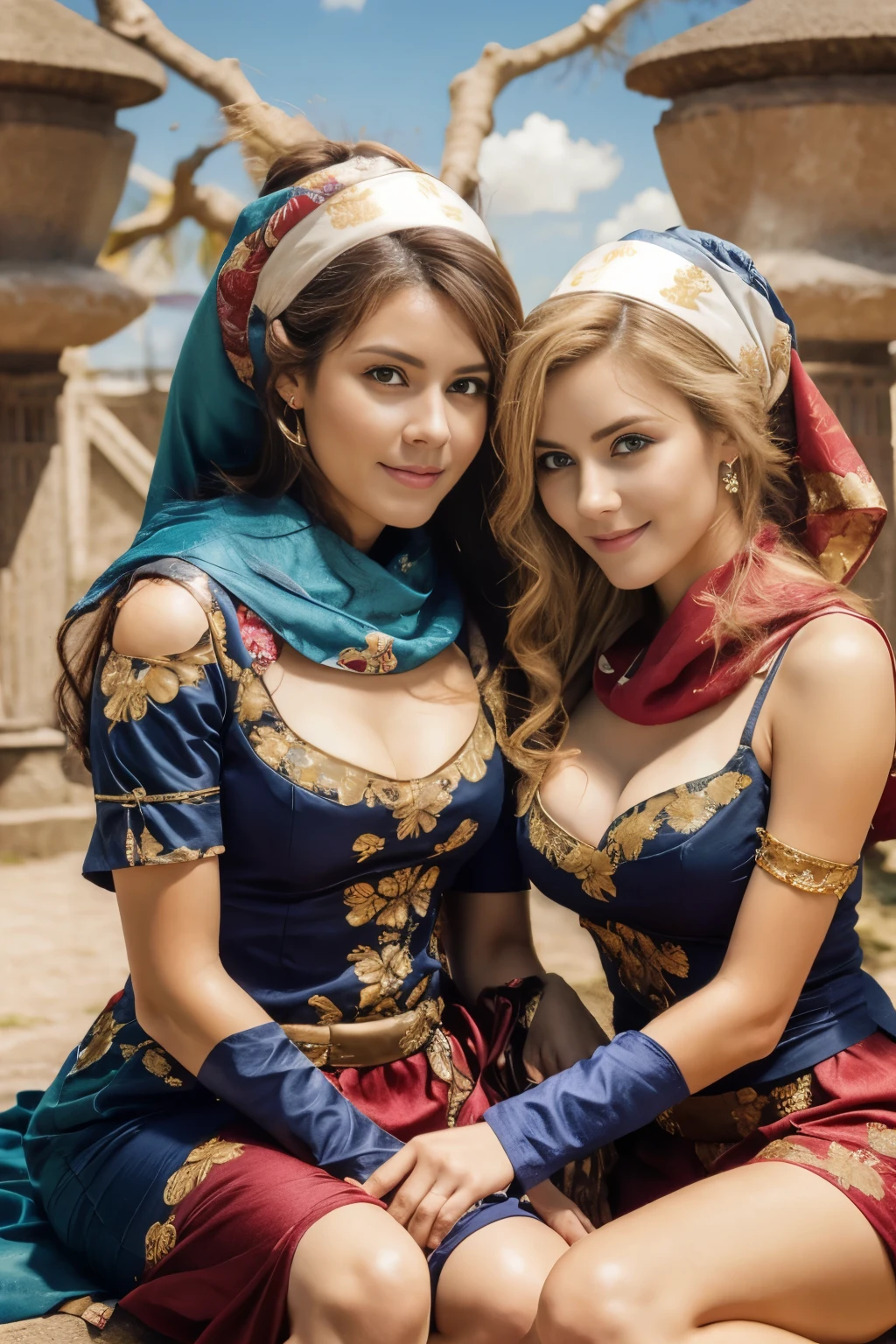 All faces and pictures must be different, two female oen soldiers with colorful robes, sitting,dynamic pose,big eyes,magical world,fantastic world