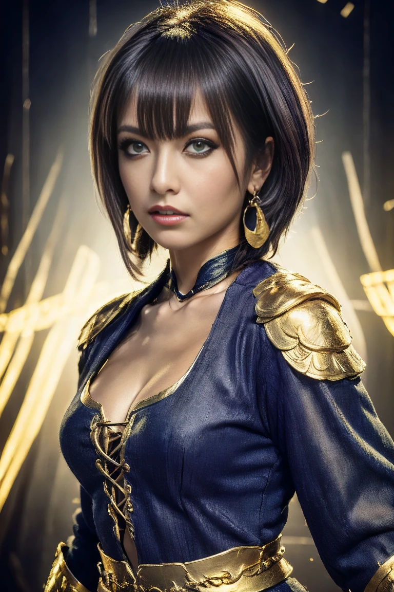  with straight white hair laces, Dark skin, Latin ancestors, purple iris, Wearing a black tachical suit with golden threads、Wearing golden earrings in the shape of a snake. Detailed eyes, Detailed face, Complex grunge costumes, Cinematic lighting, Realistic concept art with strong backlighting.