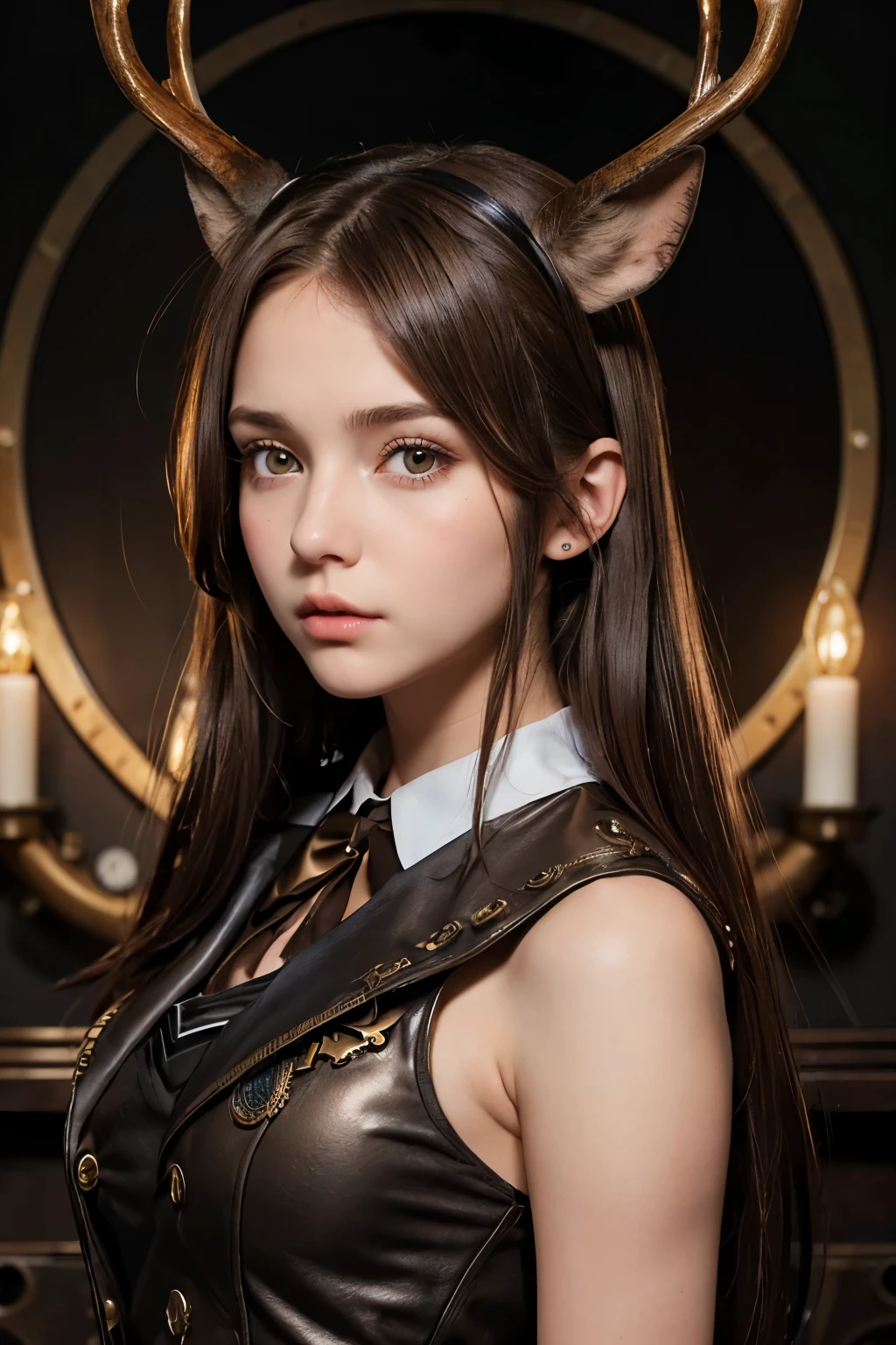 (1Girl 19yo, russian model face, shy), (((Shoulder-Length Brown Hair))), (two cute little (short) deer horns in her head), ((Wearing black steampunk academy uniform,))