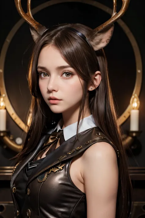 (1Girl 19yo, russian model face, shy), (((Shoulder-Length Brown Hair))), (two cute little (short) deer horns in her head), ((Wea...