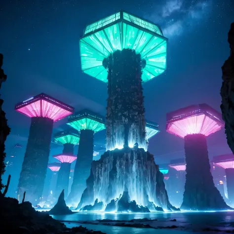 alien hexagonal base (very detailed nipples) in a hexagonal mountain oasis，there are several hexagonal exhaust fans and chimneys...