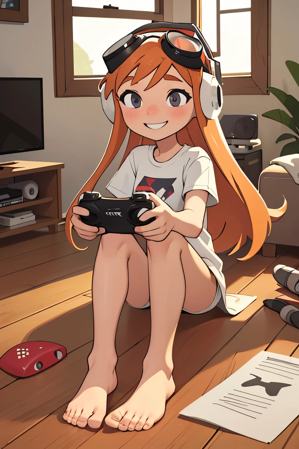 Anime girl sitting on the floor playing a video game - SeaArt AI