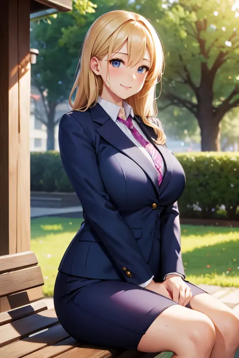 (High quality, High resolution, Fine details), park, bench, Sitting, Wearing navy blue jacket, Office Lady, solo, curvy women, Blonde hair, sparkling eyes, (Detailed eyes:1.2), smile, blush, Sweat, Oily skin, shallow depth of field