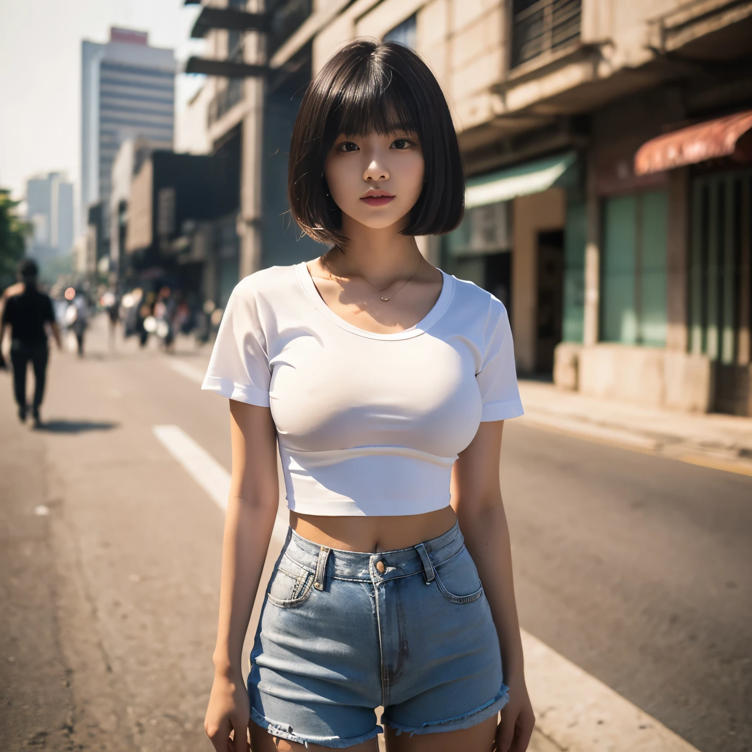 Fachmann, realistisch, hoher Detailgrad, Ganzkörperfoto von 1 Frau, Koreanisch, enge Shorts, (weißes bauchfreies T-Shirt:1.3), (glänzendes schwarzes Haar im Blunt Bob:1.3), Ganzkörper, stehend posierend für ein Foto, auf einer Straße ,Natürliches Licht, (attraktive junge Frau:1.3), (verführerisch:1.1), (erröten:1.1), Runde und große Brüste, Dekolleté in den Gebäuden von Südjakarta