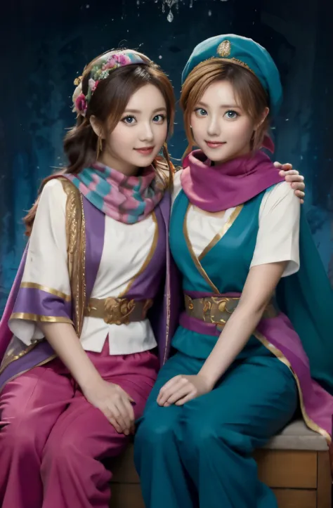 All faces and pictures must be different, two female oen soldiers with colorful robes, sitting,dynamic pose,big eyes,majical won...