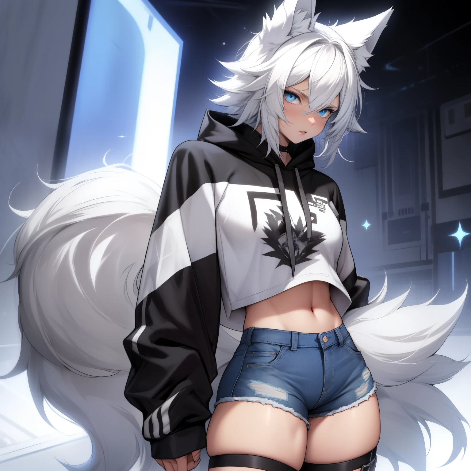Single boy, Anime Femboy, Short, Long white hair, wolf ears, wolf tail, blue eyes, wearing short denim shorts, thigh high fishnets, black combat boots,wearing cropped fur lined hoodie, flat chest, super flat chest, wearing cropped t-shirt, solo femboy, only one femboy ((FLAT CHEST)) solo, alone, (SOLO)(ALONE) thicc thighs, wide hips, blue eyes, perfect eyes, perfect face, pouty lips, happy, curvy, sparkly blue eyes, from behind, nice big butt