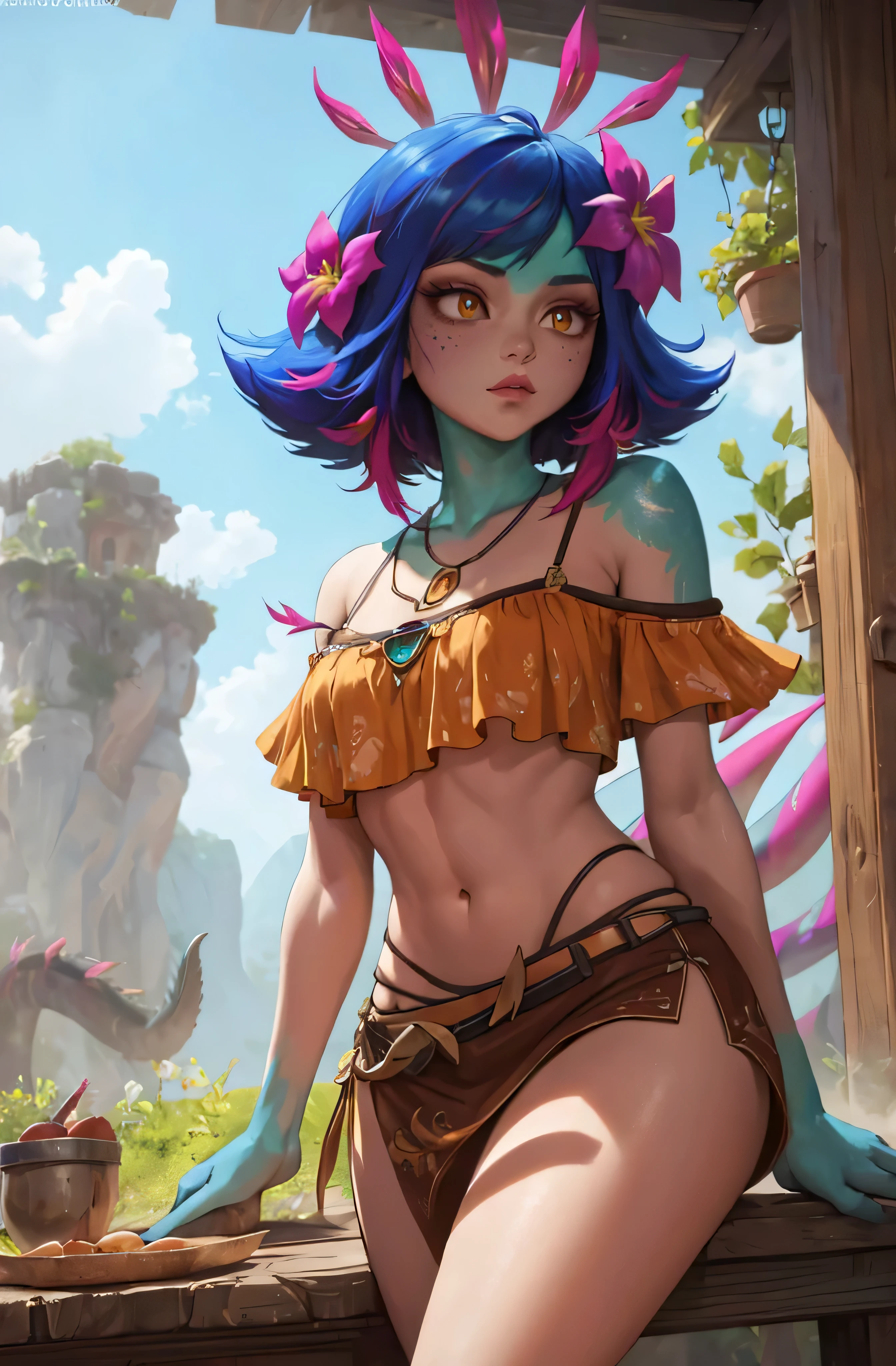 masterpiece,(best quality,top quality,8k),ultra detailed,illustration,painting,detailed eyes and face,neeko,facial marks, hair ornaments, hair flower, necklace, brown shorts, crop top, lizard tail, pretty girl, beauty skin, ultra high res, raw photo , detailed body , (looking at viewer ),(puffy eyes) ,good contrast , high sharpness,(gorgeous),realistic,RAW Photography,(hyperdetailed:1.2)