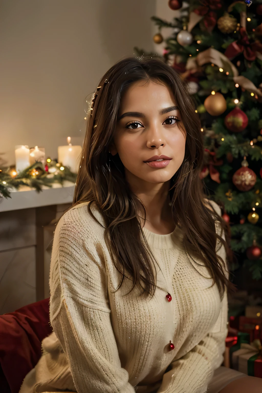 Arafed woman sitting in front of a christmas tree with candles - SeaArt AI