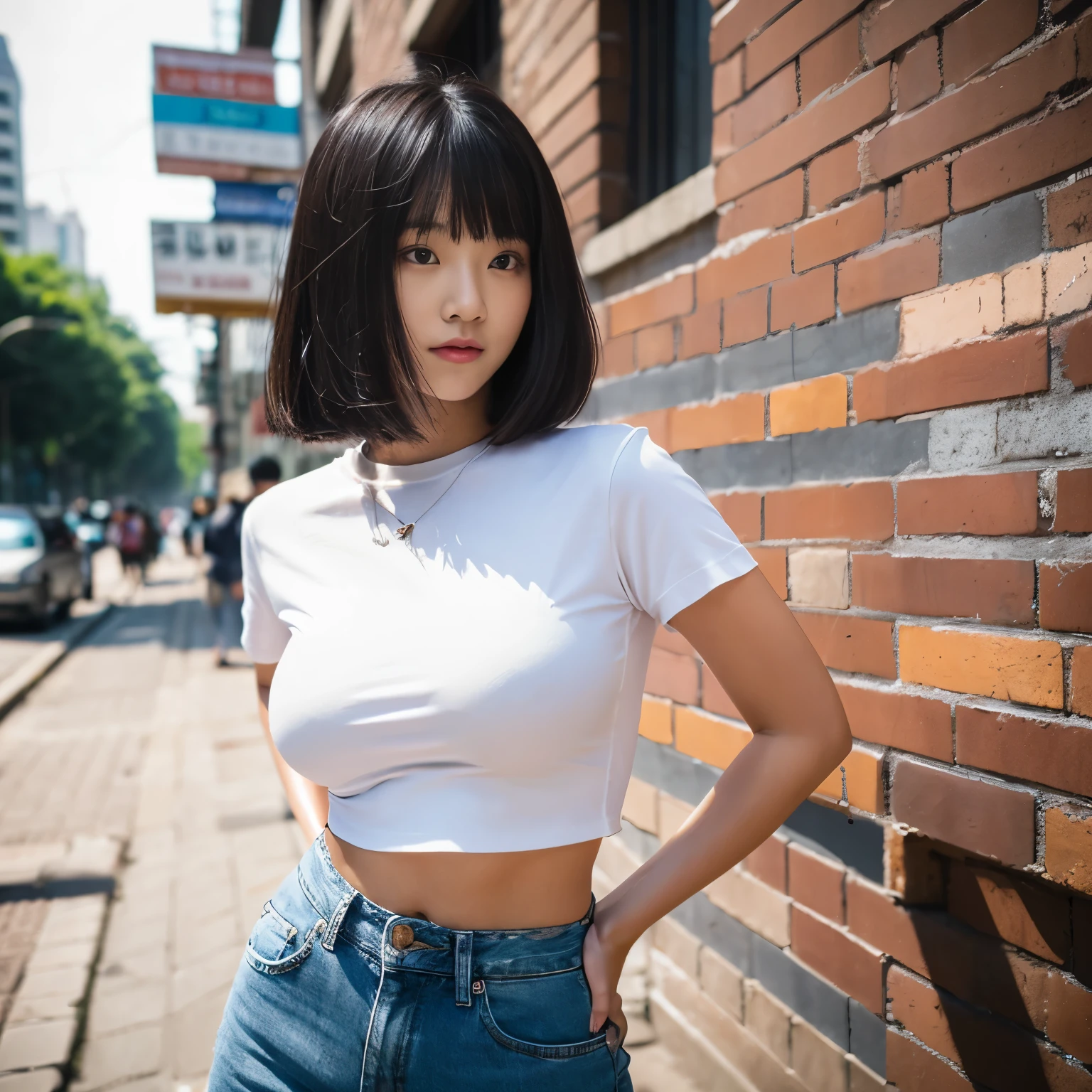 professionnel, Réaliste, Haut niveau de détail, Photo du corps entier de 1 femme, coréen, short serré jeans, (t-shirt court blanc:1.3_doit), (cheveux noirs brillants en carré émoussé:1.3), tout le corps, Debout posant pour une photo, dans une rue, pose photographique, (Pose debout aléatoire: 1.3) ,Lumière naturelle, (jolie jeune femme:1.3), (séduisant:1.1), (rougir:1.1), seins ronds et gros, clivage dans les bâtiments du sud de Jakarta