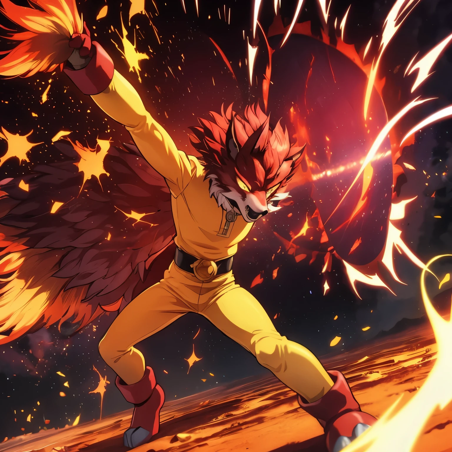 In the epic universe inspired by One Punch Man, our hero is a furry male wolf with red fur, whose strength is legendary. Ele se destaca com um olhar imponente, combinando Saitama&#39;Your fierce determination with the wild nature of a wolf.

When launching your signature attack, o "Serious omnidirectional punch," he delivers a wave of devastating punches in all directions, deixando seu oponente sem chance de escapar. The impact is visually stunning, with flying debris and energy waves that echo his formidable power.

This furry wolf becomes an emblematic figure in this battle universe, maintaining the tradition of extraordinary powers and epic moments, while also adding a unique touch with his distinctive appearance and unique fighting technique. Yellow blouse yellow pants red gloves and rubber boots white cape