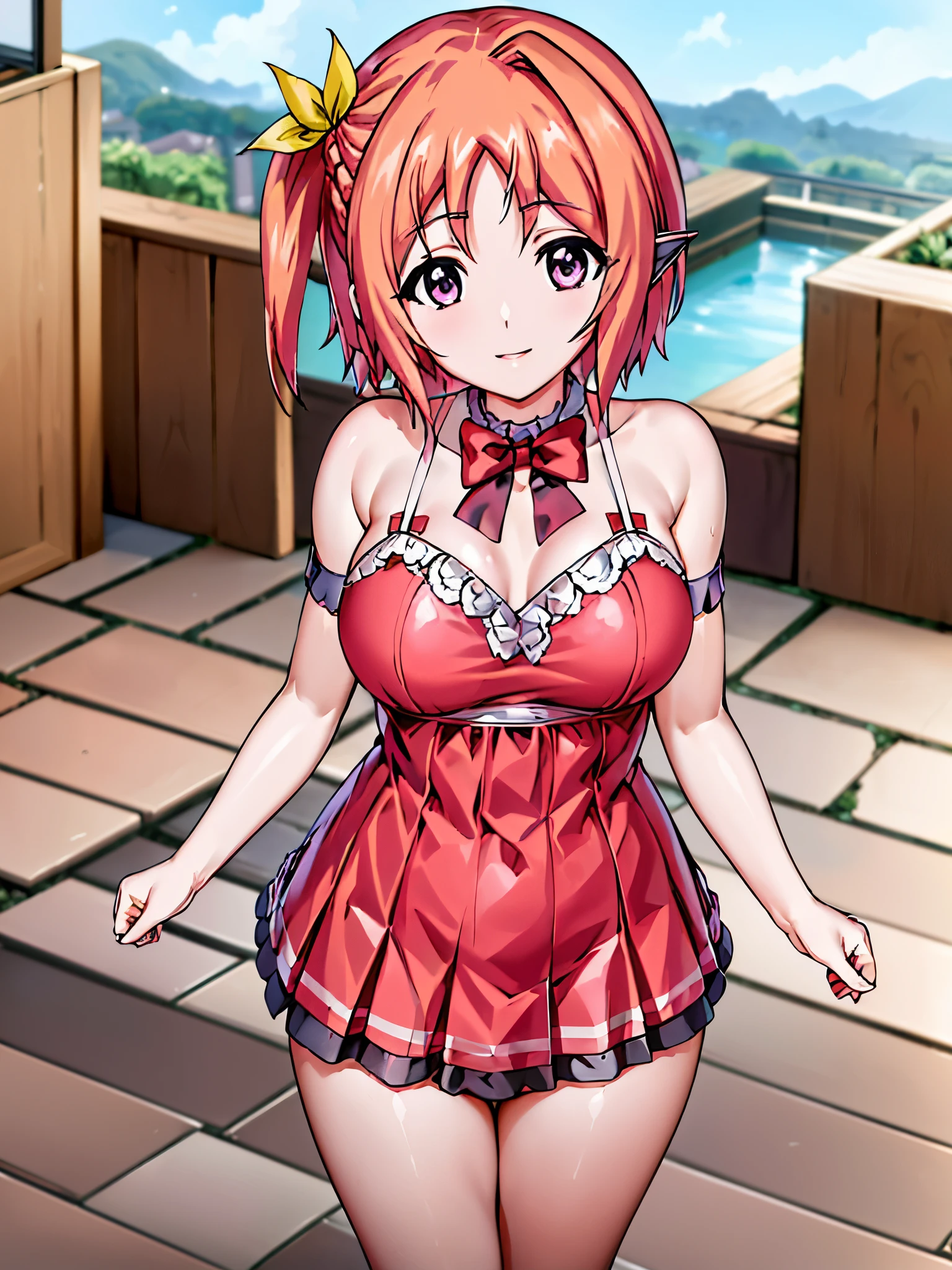 Anime girl in red dress standing on a patio with a pool in the background -  SeaArt AI