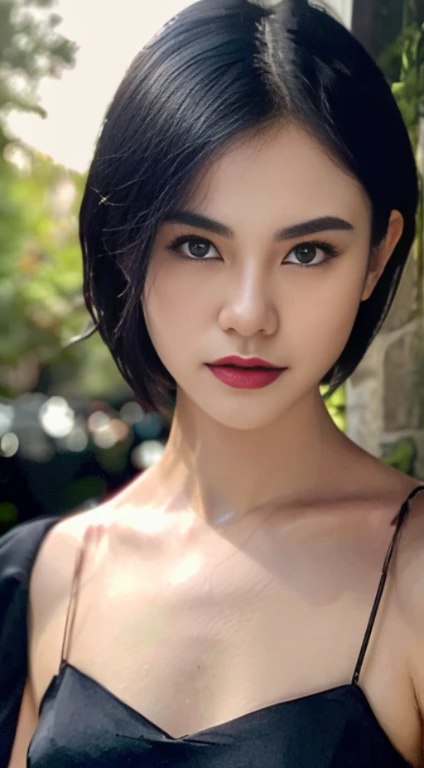 (High quality: 1.3), cinematic shot, masterpiece, (sharp focus: 1.5), (photorealistic: 1.3), medium portrait of (a beautiful young vampire woman, pale skin, gothic, still proud and fierce, straight black short bob hair, dark look, dressed in a highly detailed dark tunic, dark atmosphere, but sculpting the shapes in sharp chiaroscuro), is night, (highly detailed skin), (detailed face),  detailed background, dark lighting, twilight lighting, volumetric lighting, complex details, UHD,