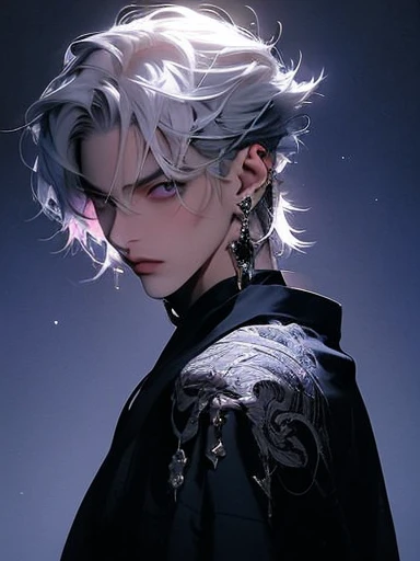 silber hair、White hair、Deities々Please wear a new aura、wear cross earrings、Cross Accessories、gazing at viewer、have a cross、wearing robe、Blue eyes、Wearing a blue aura、With crosstantastic background、Cute guy、Best image、​masterpiece、Fantastical、