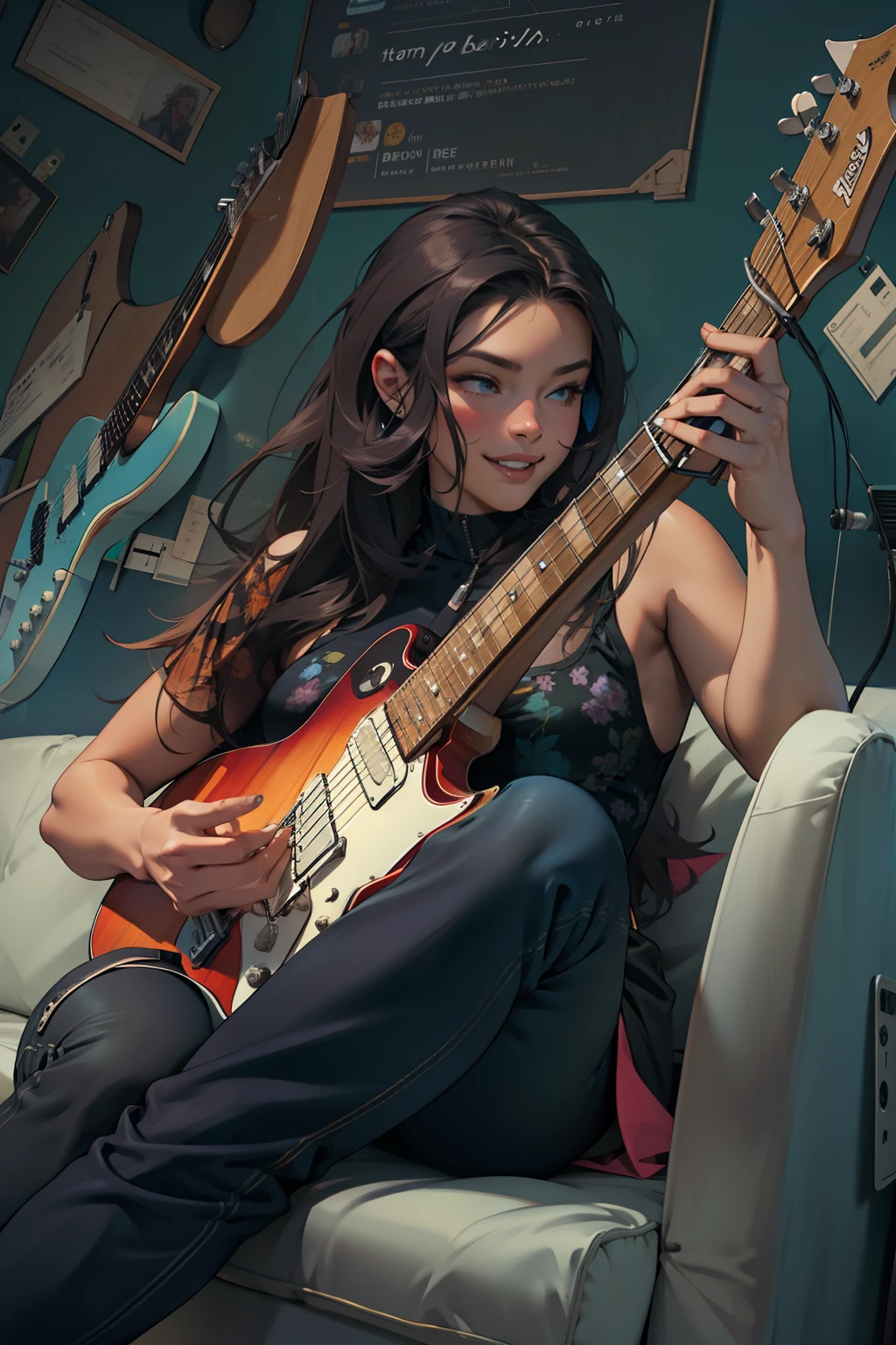 There is a woman sitting on a couch with a guitar - SeaArt AI