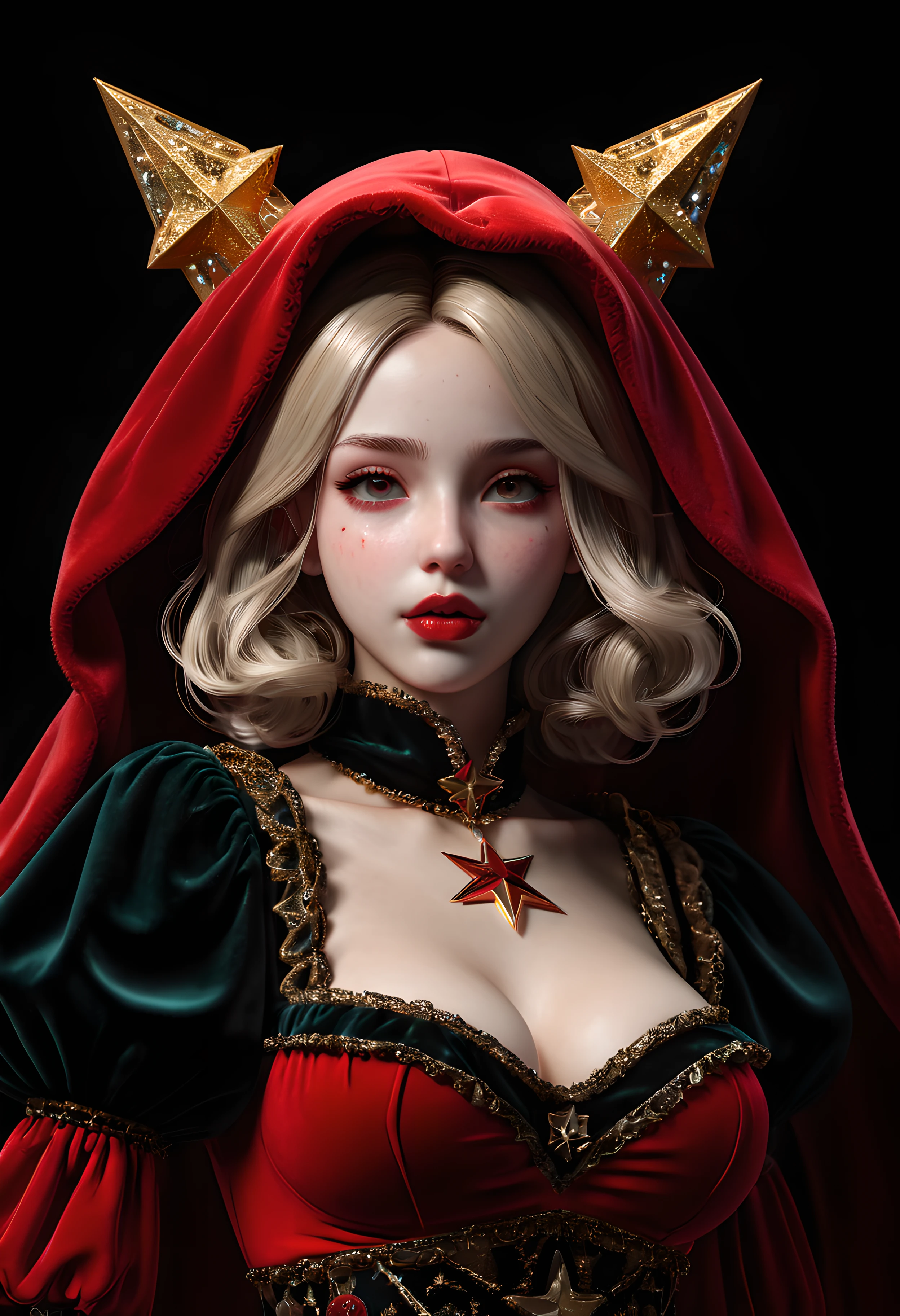 ((Extreme Detail)),(Ultra-detailed), extremely detailed CG unity 8k wallpaper, Velvet, statuette, Red Hood, crop-top, Star headdress, puffy sleeves, lips, looking at the side, a closeup of a, Head rotation, Black background