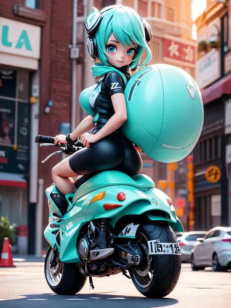 miku hatsune,road bike,racer pants,huge tit,stick out buttocks,push the bike and walk