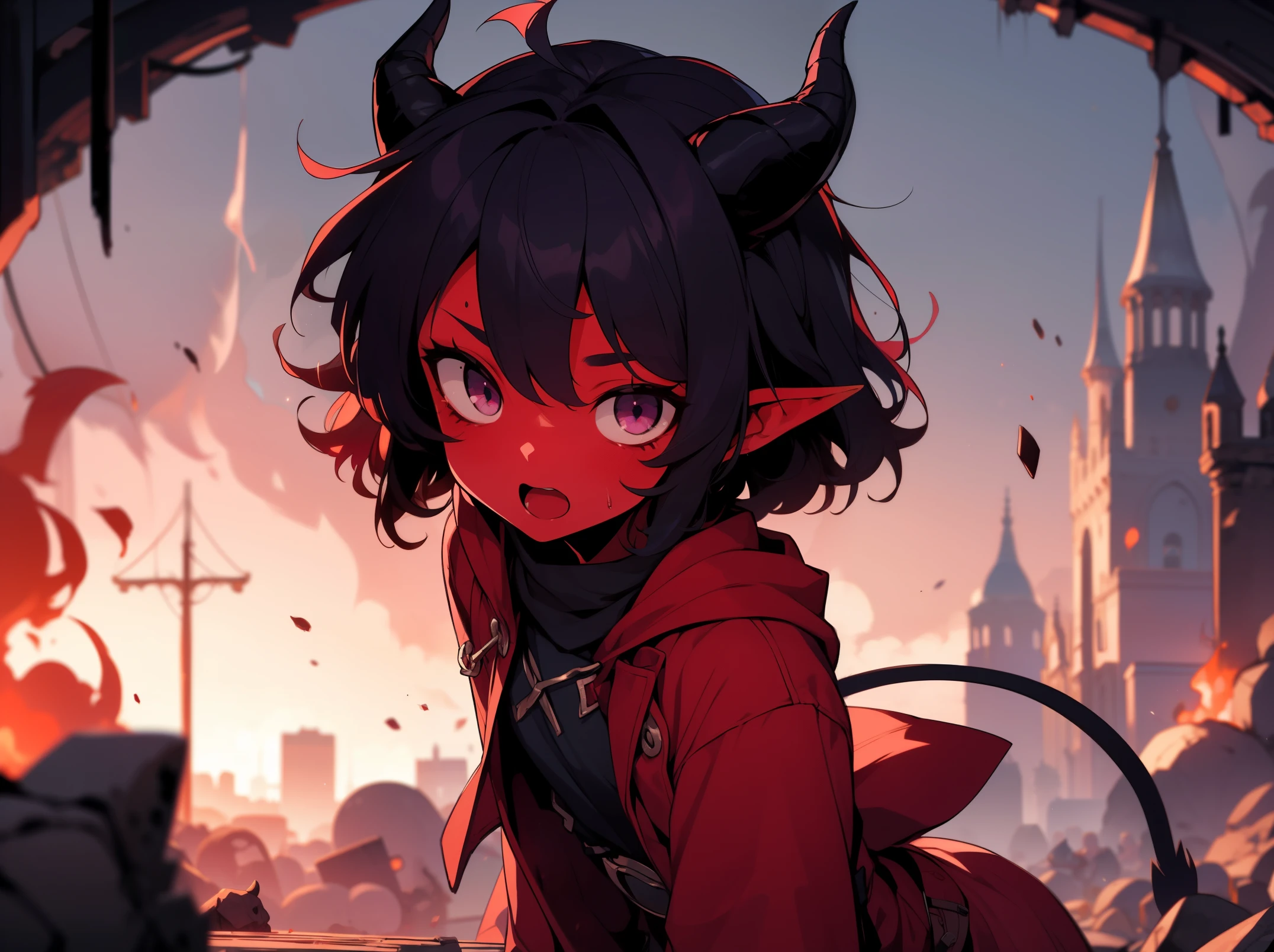 ((loli)), (tiefling), red skin, small black devil horns, short hair, ((messy hair)), black hair, purple hair highlights, purple eyes, dirty face, dirty clothes, devil tail, fantasy town, sunny day, ((explosions)), fire, dynamic pose, Very good figure, bright tone, warm color, colorful, masterpiece, super detail, high quality, best quality, highres, 16k