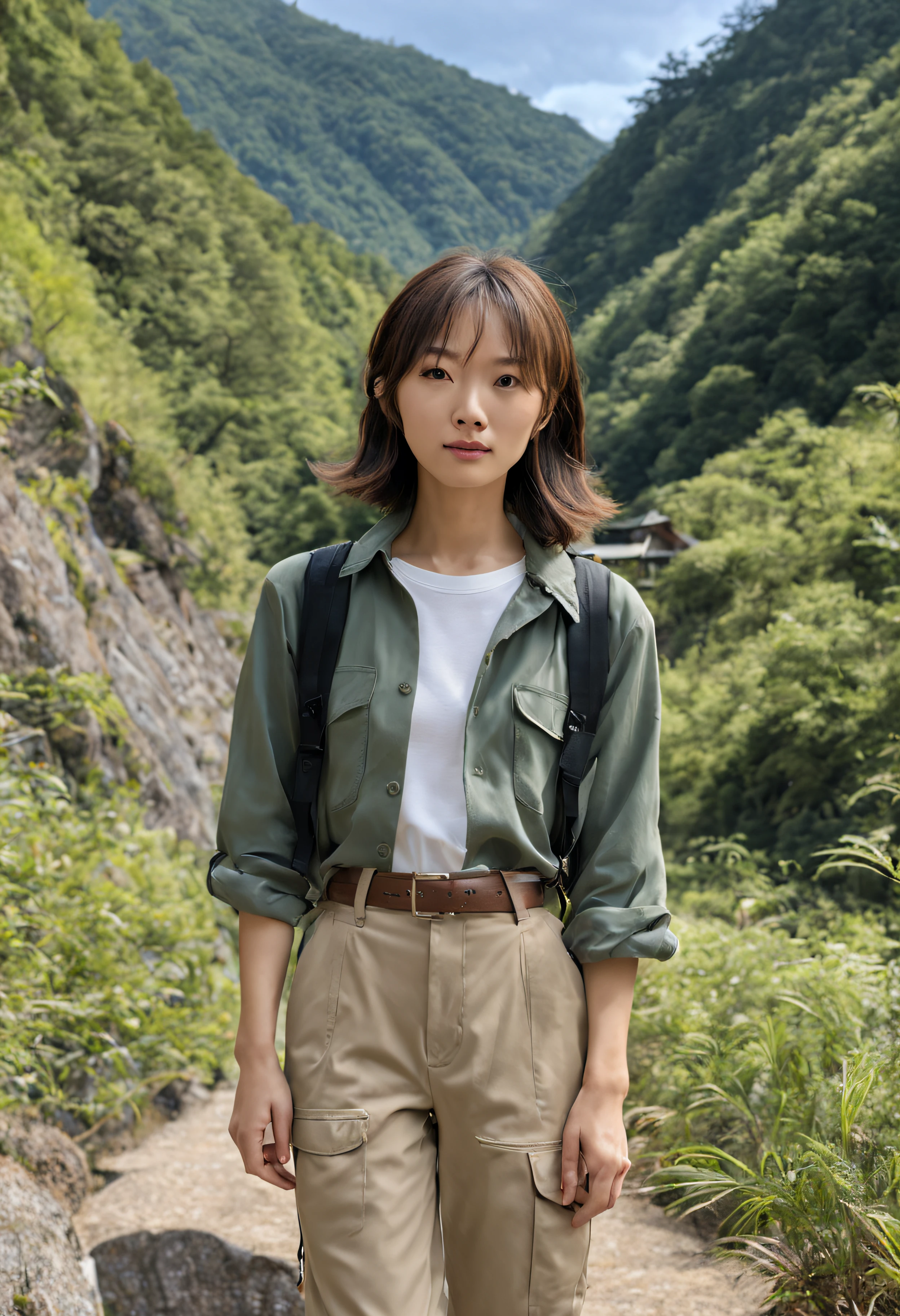 Die Bühne befindet sich in den Bergen Japans..., Schlanker Baum々Es gibt viele Büsche und Büsche, Bergstraße, Ich höre das Geräusch von leise fließendem Wasser. Unerforschtes Gebiet, in das noch niemand gegangen ist, Platz zum Erstellen eines Campingplatzes々Es gibt einen Bereich。,
Haruka Fukuhara, 20-jährige weibliche Pionierin erscheint,Der Bob-Schnitt strahlt eine ostasiatische Atmosphäre aus.., Ihr Aussehen ist wie folgt,
schönes Gesicht, Darstellerin, Schmales Gesicht, klar definierte Merkmale, dunkelbraune Augen, Mandel Augen,leicht hängende Augen, glattes Haar, nettes Lächeln,
Größe beträgt ca. 165 cm、Hat eine feste Körperform, athletischer Körperbau,mittlere Brüste, Mittellanges Haar, 
Sie trägt eine braune Weste über einem grünen Hemd, und Cargohosen,
Sie trägt feste Wanderschuhe,
für den Hintergrund, Ich kann die Berge in der Ferne sehen