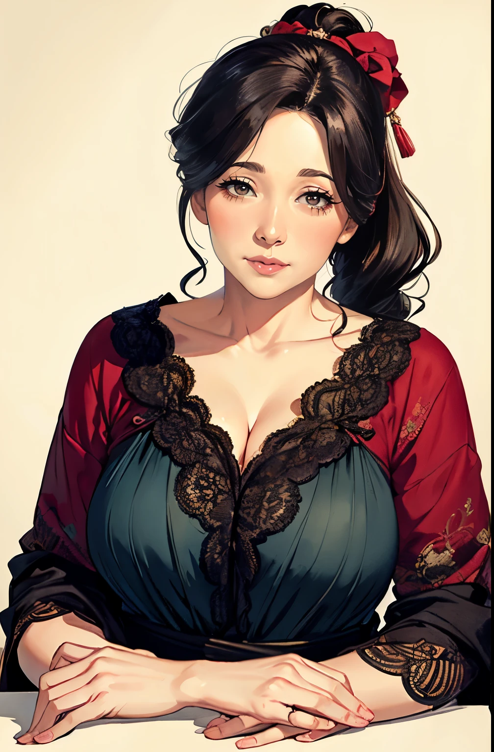 ((masterpiece)), (best quality), (cinematic), (watercolor painting), 1girl, mature woman, old, Christmas gift, large breasts, big eyes, long thick eyelashes, cleavage, full lips,long thick hair,  sexy posture, soft smile, high ponytail, accessories,50 years old woman,Cute Ukiyo-e,
