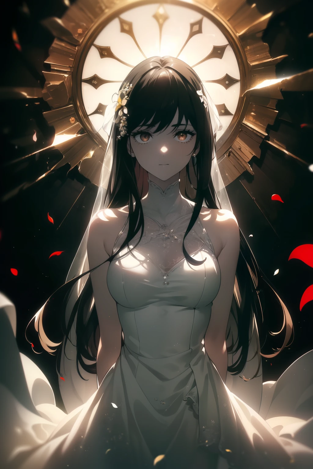 ((((Obra maestra, La mejor calidad, ultrahigh resolution)))), 1girl, standing, ((wearing a white wedding dress)), (long black hair in view, long hair:0.9, in frame), pale skin, ((brown eyes)), (glowing_eyes, luminescent eyes), (ultra detailed eyes:0.7, beautiful and detailed face, detailed eyes:0.9), ((centered)), smile, ((wide shot)), facing viewer, (((surrounded by darkness, LSD flowers:0.7, beautiful lighting))), flat chested, looking at viewer, ((perfect hands)), ((head:1, hips, elbows, arms, in view)), ((hands behind back)), defined subject, (18 years old), ((cool looking)), ((sun glare))