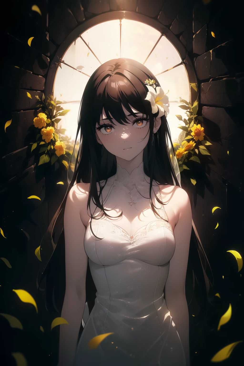 ((((Obra maestra, La mejor calidad, ultrahigh resolution)))), 1girl, standing, ((wearing a white wedding dress)), (long black hair in view, long hair:0.9, in frame), pale skin, ((brown eyes)), (glowing_eyes, luminescent eyes), (ultra detailed eyes:0.7, beautiful and detailed face, detailed eyes:0.9), ((centered)), smile, ((wide shot)), facing viewer, (((surrounded by darkness, LSD flowers:0.7, beautiful lighting))), flat chested, looking at viewer, ((perfect hands)), ((head:1, hips, elbows, arms, in view)), ((hands behind back)), defined subject, (18 years old), ((cool looking)), ((sun glare))